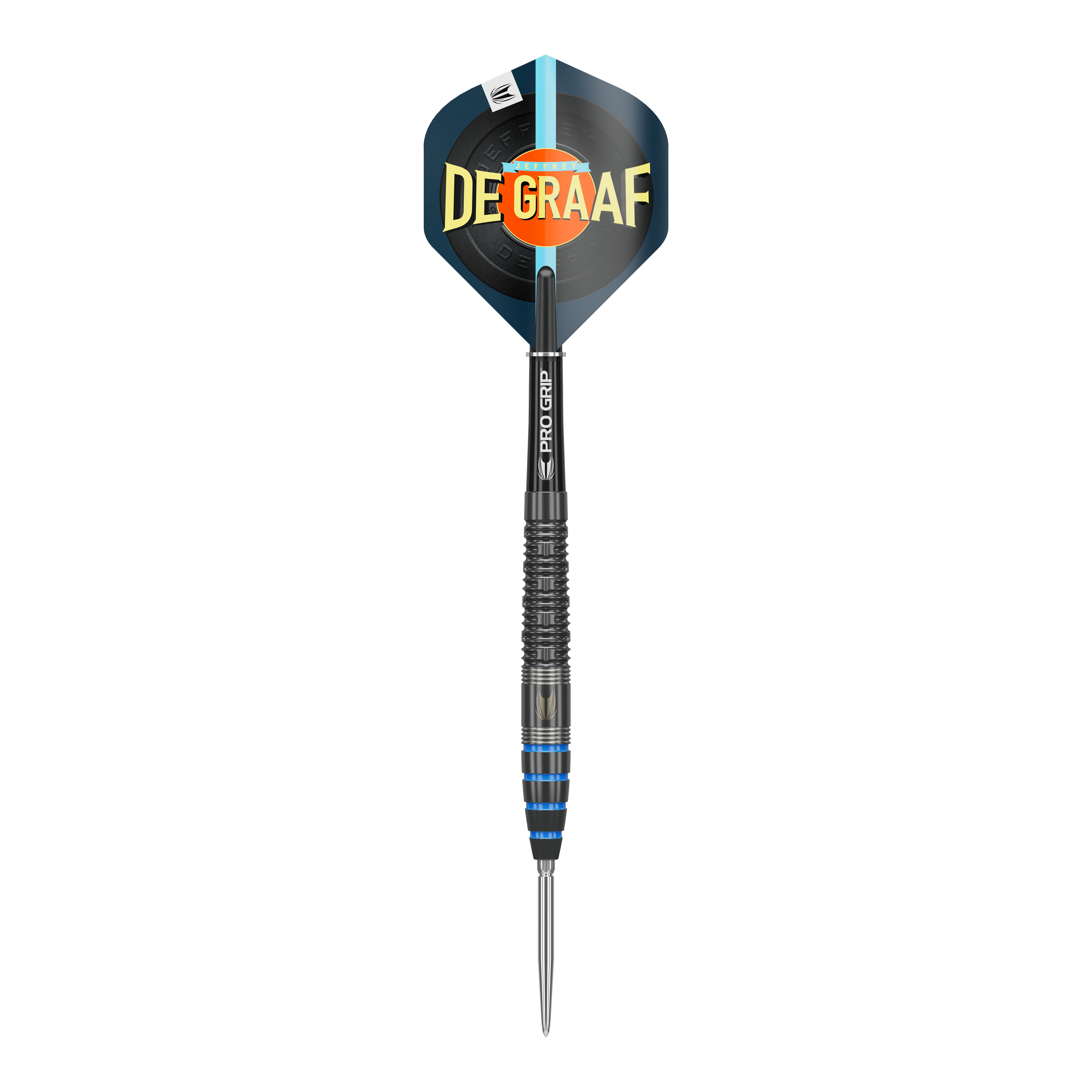 Das Bild zeigt einen Target Jeffrey De Graaf GEN1 Swiss Point Steeldart mit 23g Gewicht. Der Dart hat einen schwarzen Schaft und blaue Akzente am Griff, auf dem Flight steht "DE GRAAF".