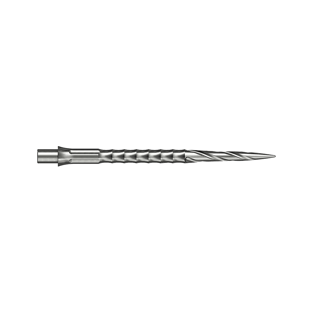 Puntas de dardos de acero Caliburn System - Spiro - NoLip - plateadas Zwei silberne Steeldartspitzen im Spiro NoLip Design sind zu sehen. Sie sind 36 mm lang und liegen nebeneinander.