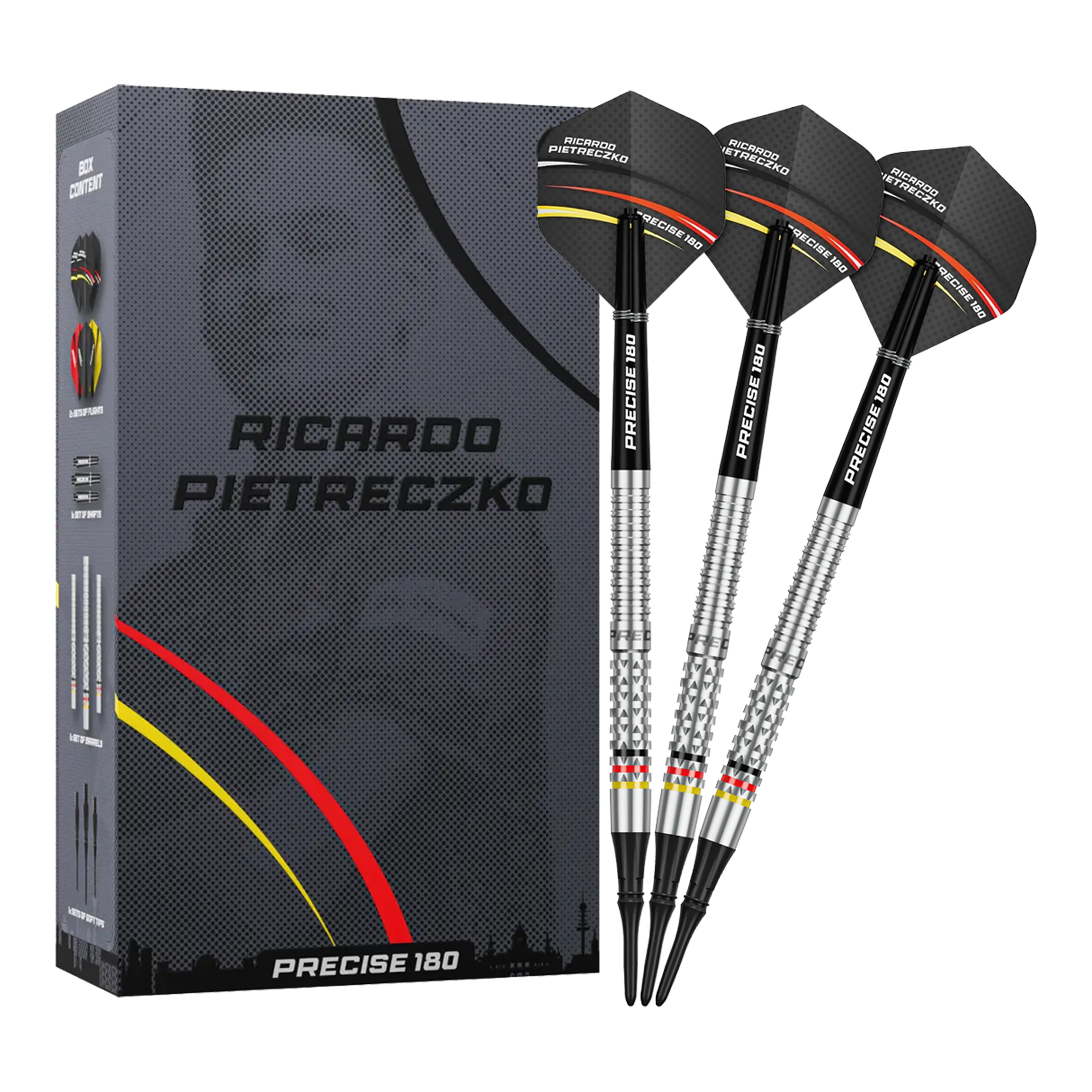Dardos blandos Precise 180 Ricardo Pietreczko GEN1 Gezeigt werden die Precise 180 Ricardo Pietreczko GEN1 Softdarts. Diese Softdarts zeichnen sich durch ihre Präzision aus.