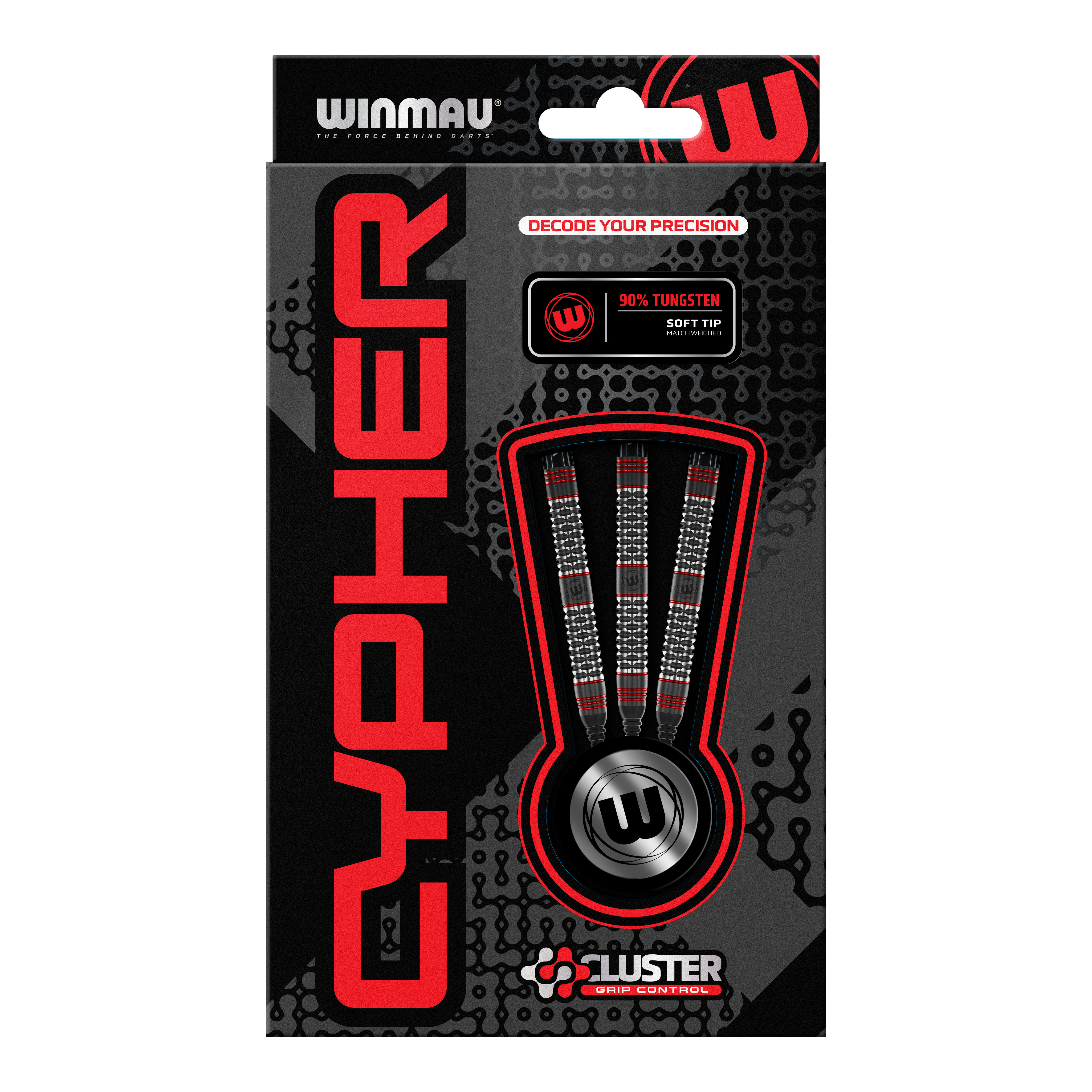 Dardos blandos Winmau Cypher - 20 g Die Abbildung zeigt die Verpackung der Winmau Cypher Softdarts mit 20 Gramm Gewicht. Die Darts bestehen zu 90% aus Wolfram und verfügen über spezielle Griffkontrolle.