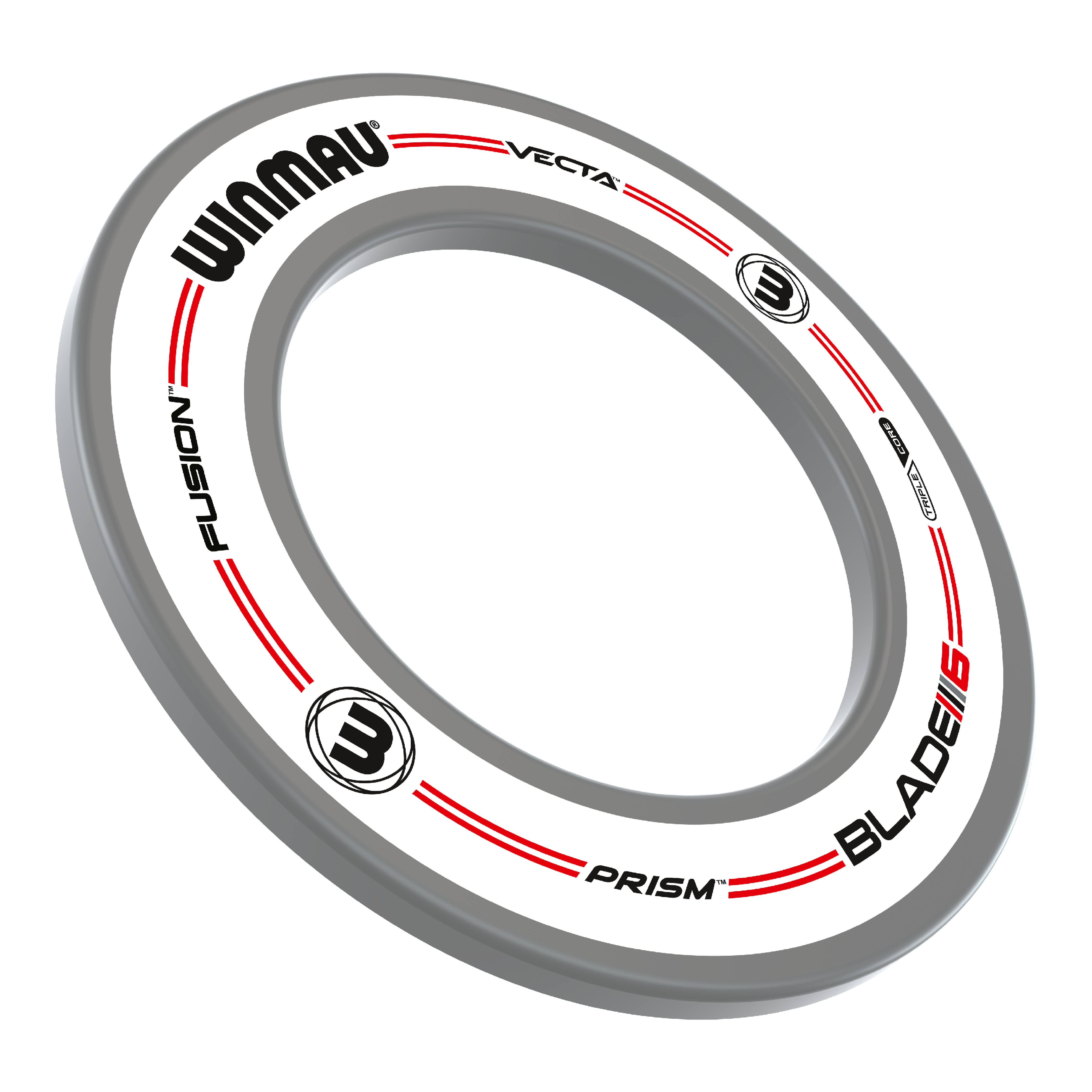 Das Bild zeigt den Winmau Plasma Ice LED Beleuchtungs- und Surround-Bundle. Es handelt sich um einen runden LED-Ring mit weißem und grauem Design sowie Markierungen und Logos.