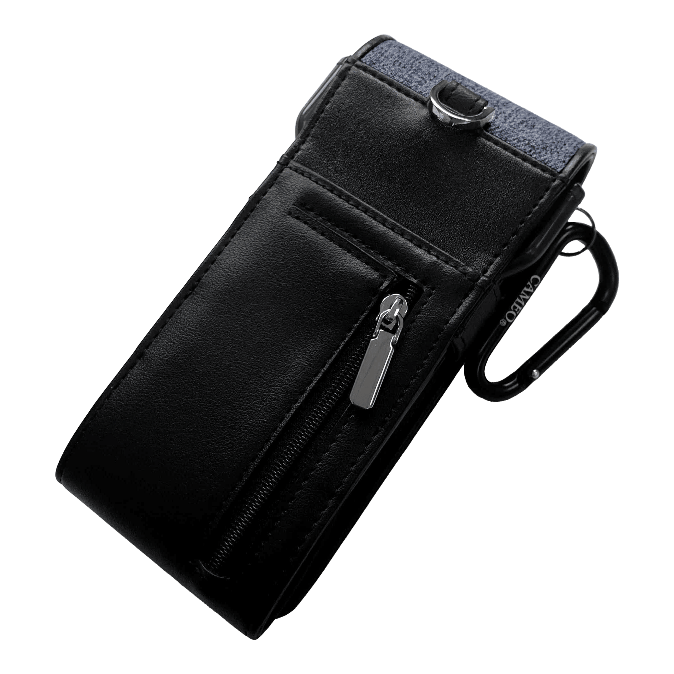 Estuche para dardos de hilo Cameo Dies ist ein schwarzes Etui mit einem Reißverschlussfach auf der Vorderseite. Oben hat es einen blauen Stoffabschnitt und einen Metallclip zur Befestigung.