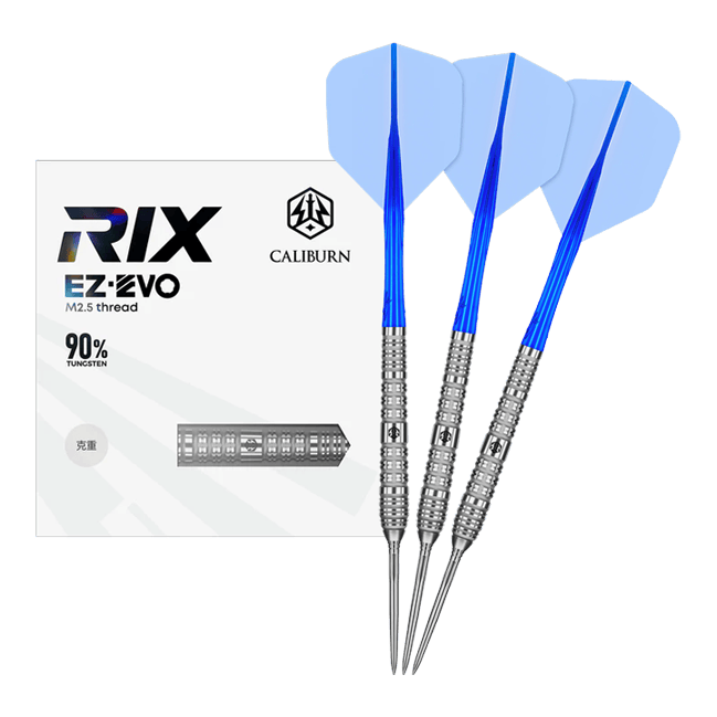 Das Foto zeigt die Caliburn Rix EZ-EVO R4 Steeldarts in voller Ansicht. Die Darts sind modern gestaltet und für professionelle Spieler geeignet.