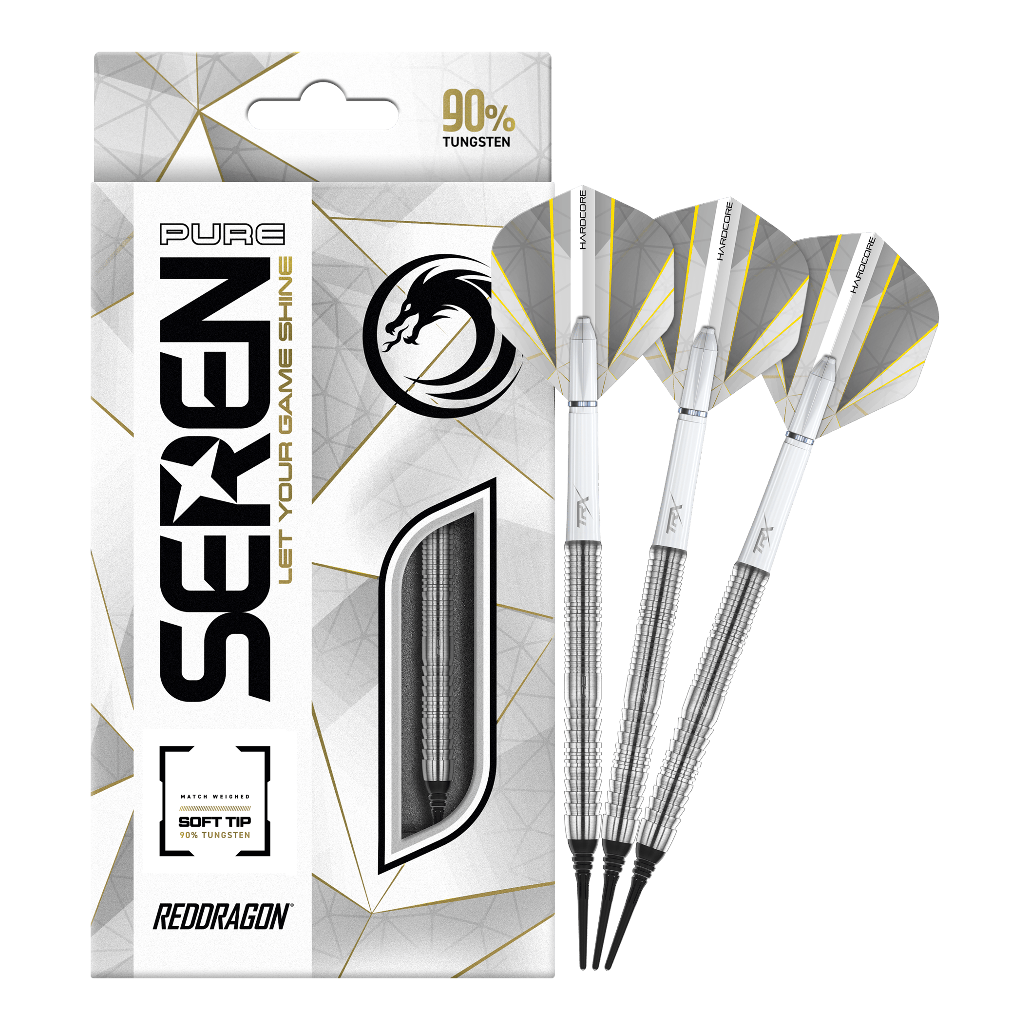 Dardos blandos Red Dragon Seren 1 Pure - 20 g Die Abbildung zeigt die "Red Dragon Seren 1 Pure Softdarts - 20g" mit drei silbernen Softdarts. Die Verpackung hebt hervor, dass die Darts zu 90 % aus Tungsten bestehen.