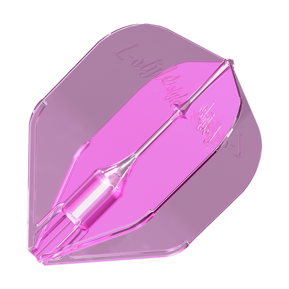 Plumas L-Style Fantom L3EZ Rosa Transparente Das Bild zeigt ein durchsichtiges, pinkes Dart-Flight mit der Aufschrift „L-style“. Es handelt sich um das Produkt „L-Style Fantom L3EZ Flights Clear Pink“.