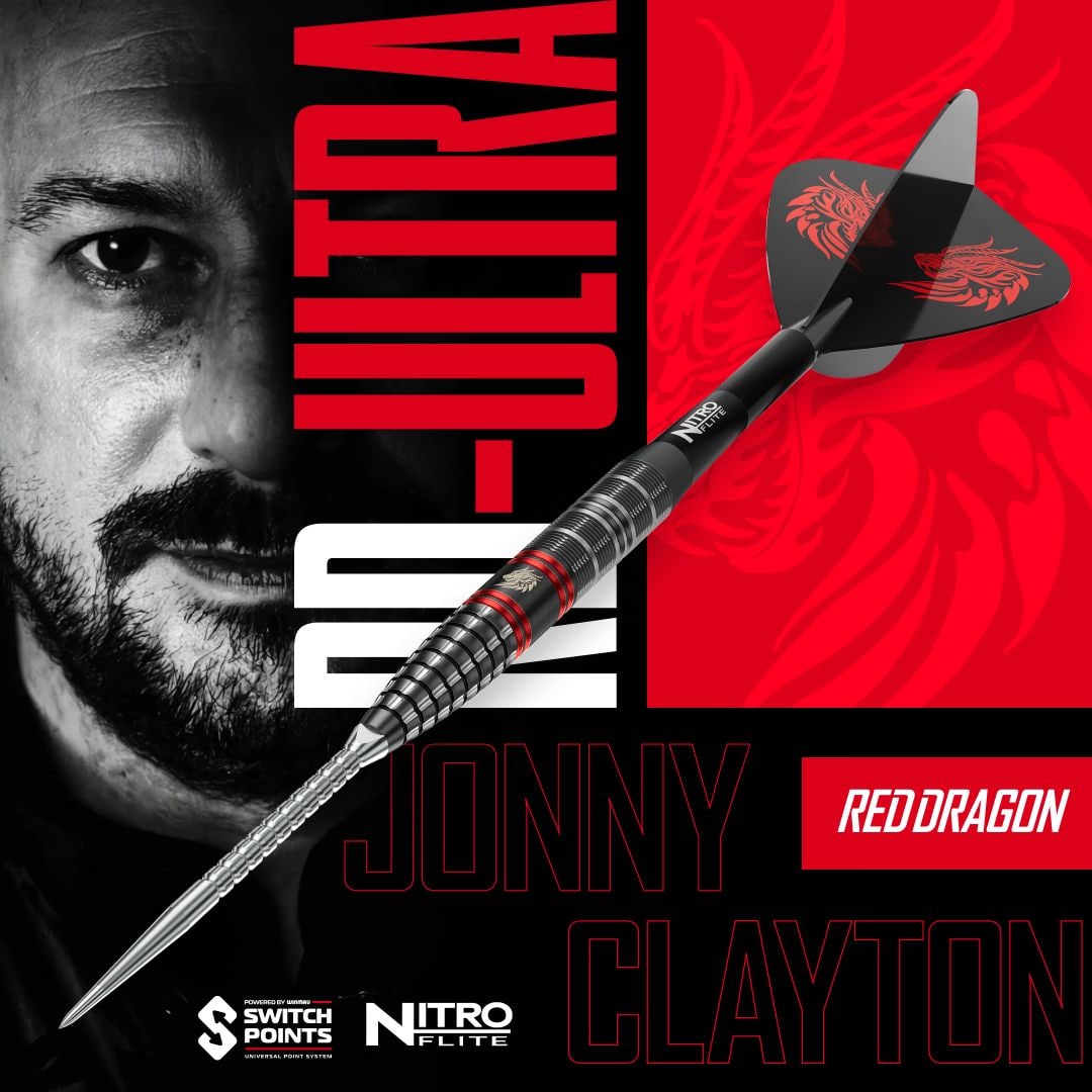 Dardos de acero Red Dragon Jonny Clayton RD-ULTRA Switch Point - 22 g Zu sehen sind die Red Dragon Jonny Clayton RD-ULTRA Switch Point Steeldarts mit 22 Gramm. Die Darts werden aufrecht ausgerichtet dargestellt.