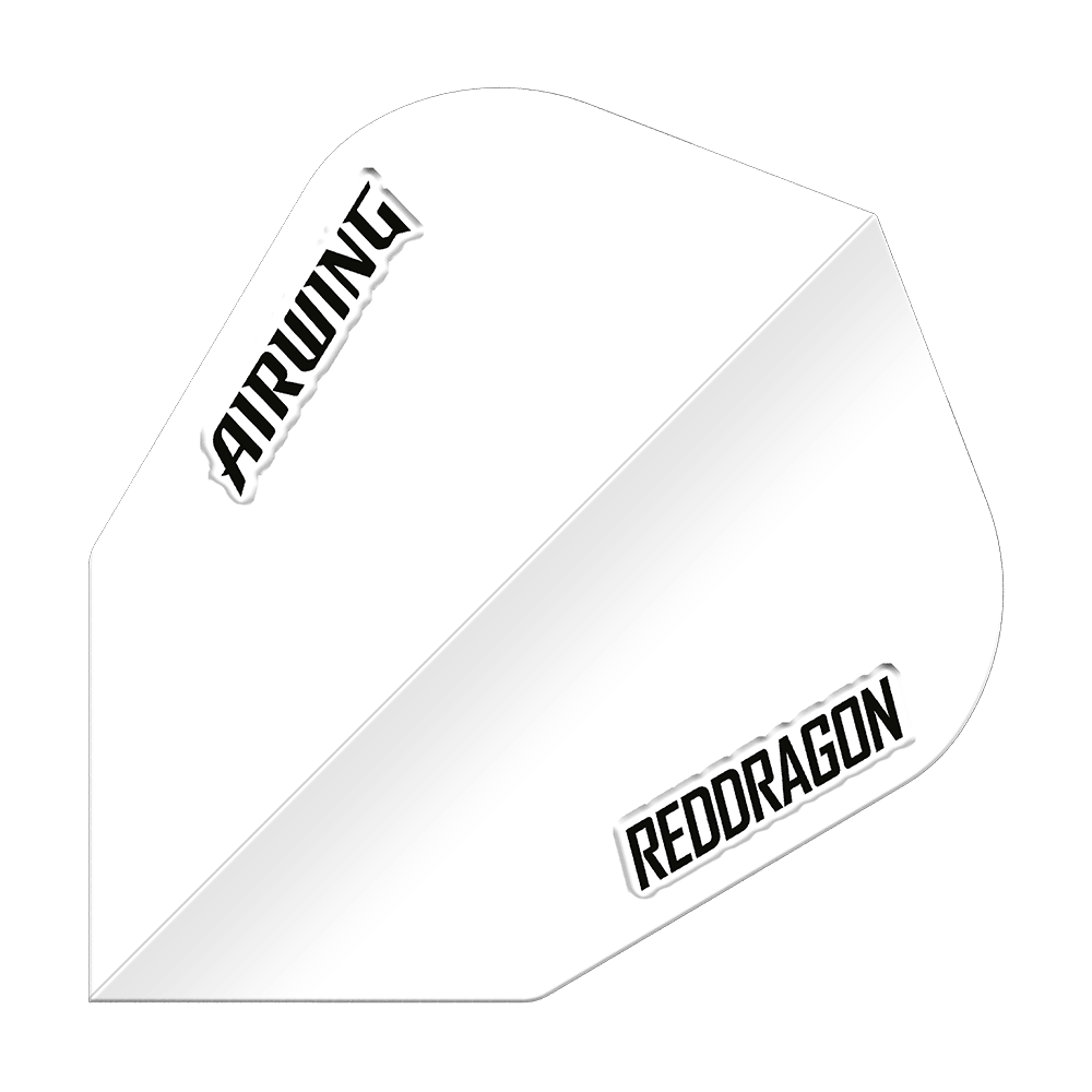 Vuelos Red Dragon Airwing White V-Standard Das Bild zeigt das Produkt "Red Dragon Airwing White V-Standard Flights". Es handelt sich um einen weißen Dartflight mit den Aufdrucken "AIRWING" und "REDDRAGON".