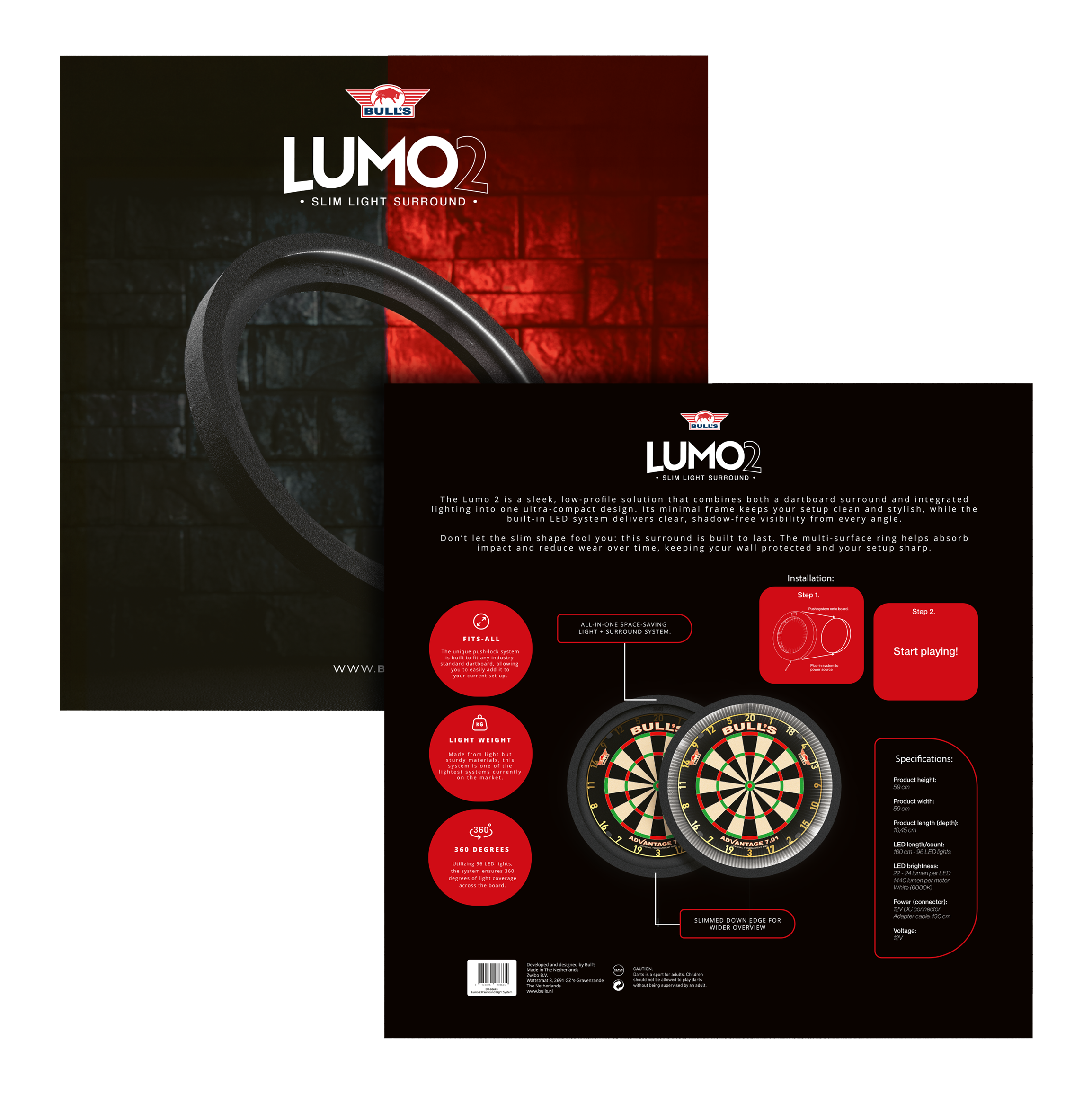 Sistema de iluminación envolvente Bulls NL Lumo 2 Light Das Bild zeigt das Produkt "Bulls NL Lumo 2 Light Surround Beleuchtungssystem" für Dartscheiben. Es kombiniert ein schlankes, rundes LED-Lichtsystem mit einem schützenden Surround für bessere Sicht und Schutz beim Dartspielen.