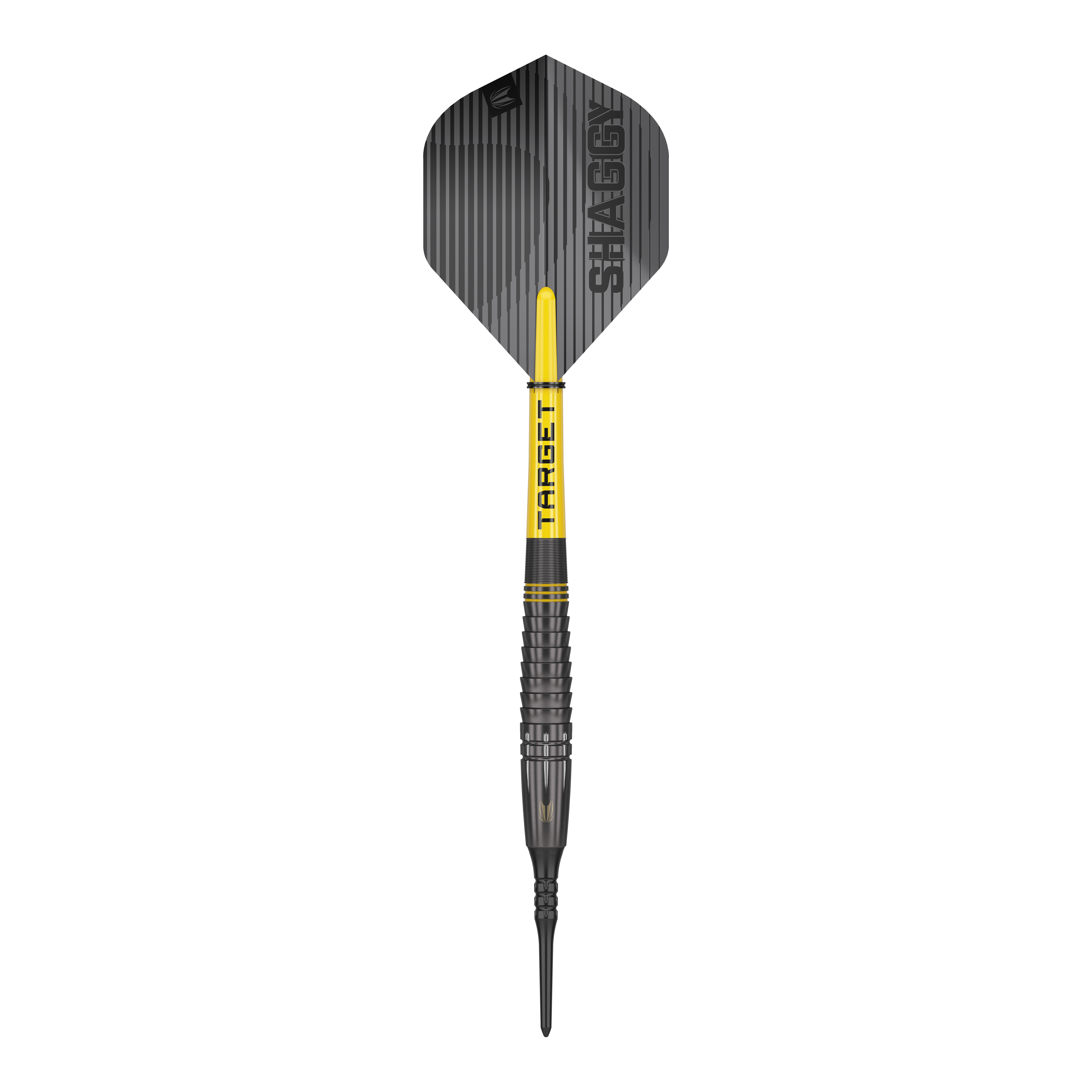 Dardos Target Scott Williams Shaggy negros suaves - 20 g Dies ist ein Softdart namens "Target Scott Williams Shaggy Black Softdarts - 20g". Der Dart ist überwiegend schwarz mit gelben Akzenten und hat den Schriftzug "SHAGGY" auf der Flight.