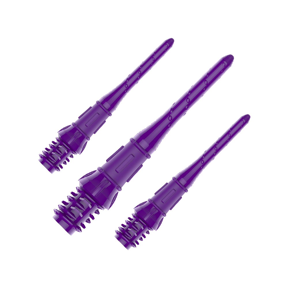 Premium Lippoints (paquete de 30) - Consejos Auf dem Bild sind drei lila Dartspitzen zu sehen. Sie sind aus Kunststoff und haben ein Schraubgewinde am Ende.