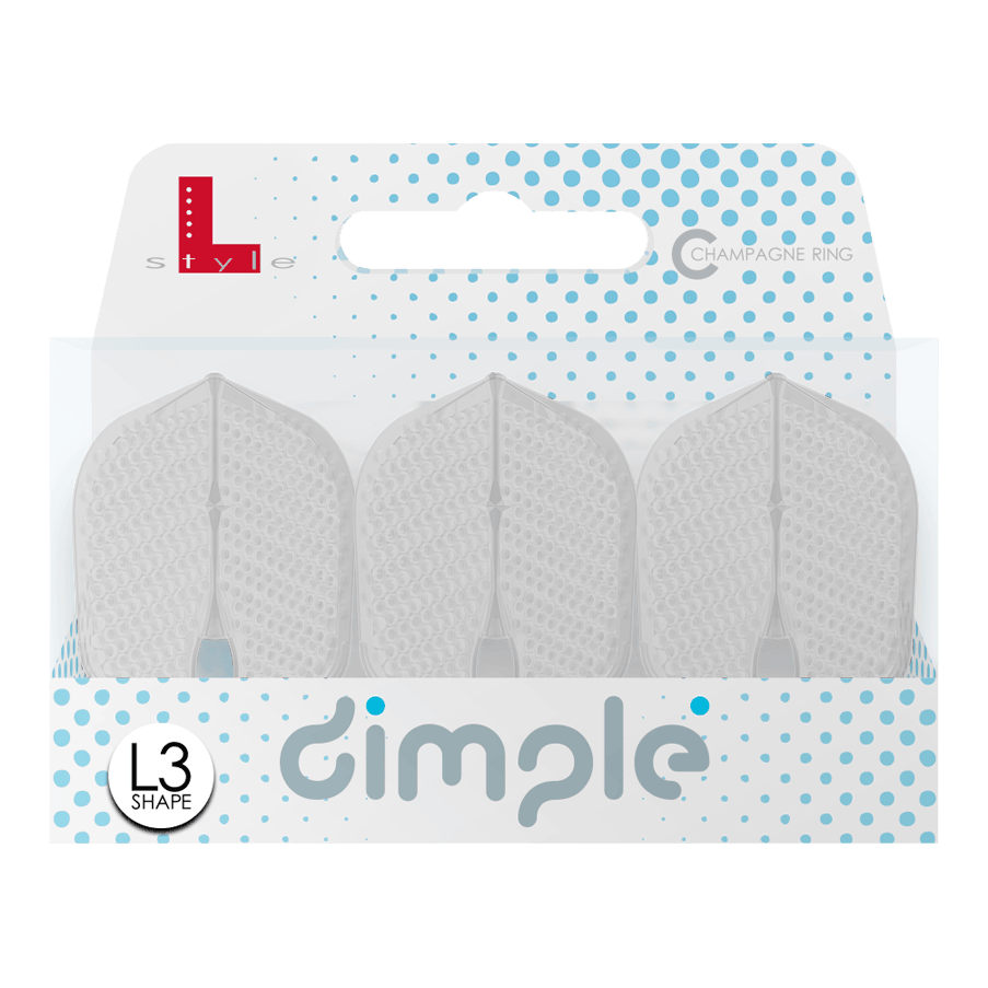 L-Style Flights Dimple Champagne L3PRO Shape Das Bild zeigt eine Packung mit drei L-Style Flights Dimple Champagne L3PRO Shape. Die Verpackung ist weiß-blau und trägt den Schriftzug "dimple" sowie das L3 Shape-Logo.