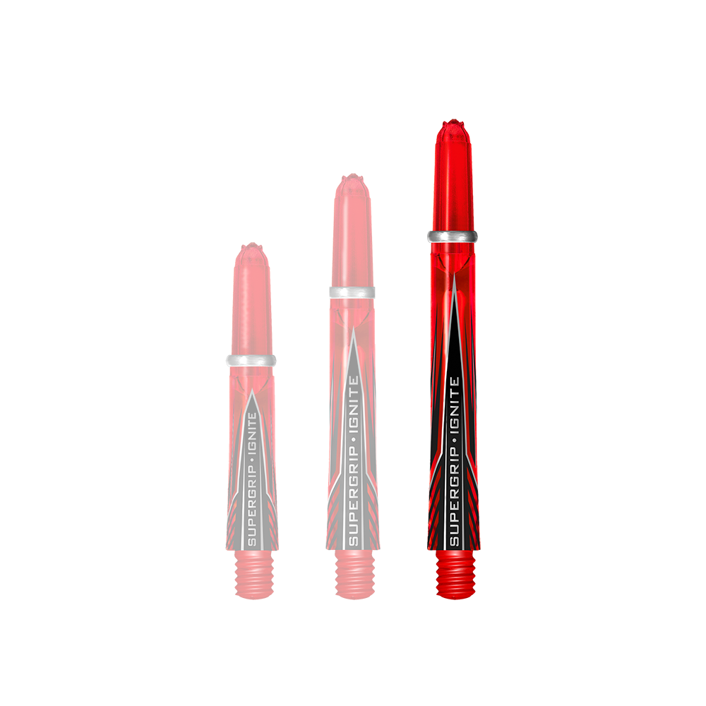 HR385_Harrows_Supergrip_Ignite_Shafts_Rot_47mm_1 Das Bild zeigt drei rote Harrows Supergrip Ignite Shafts in unterschiedlichen Längen. Sie haben silberne Ringe und ein schwarzes Design mit der Aufschrift "SUPERGRIP IGNITE".