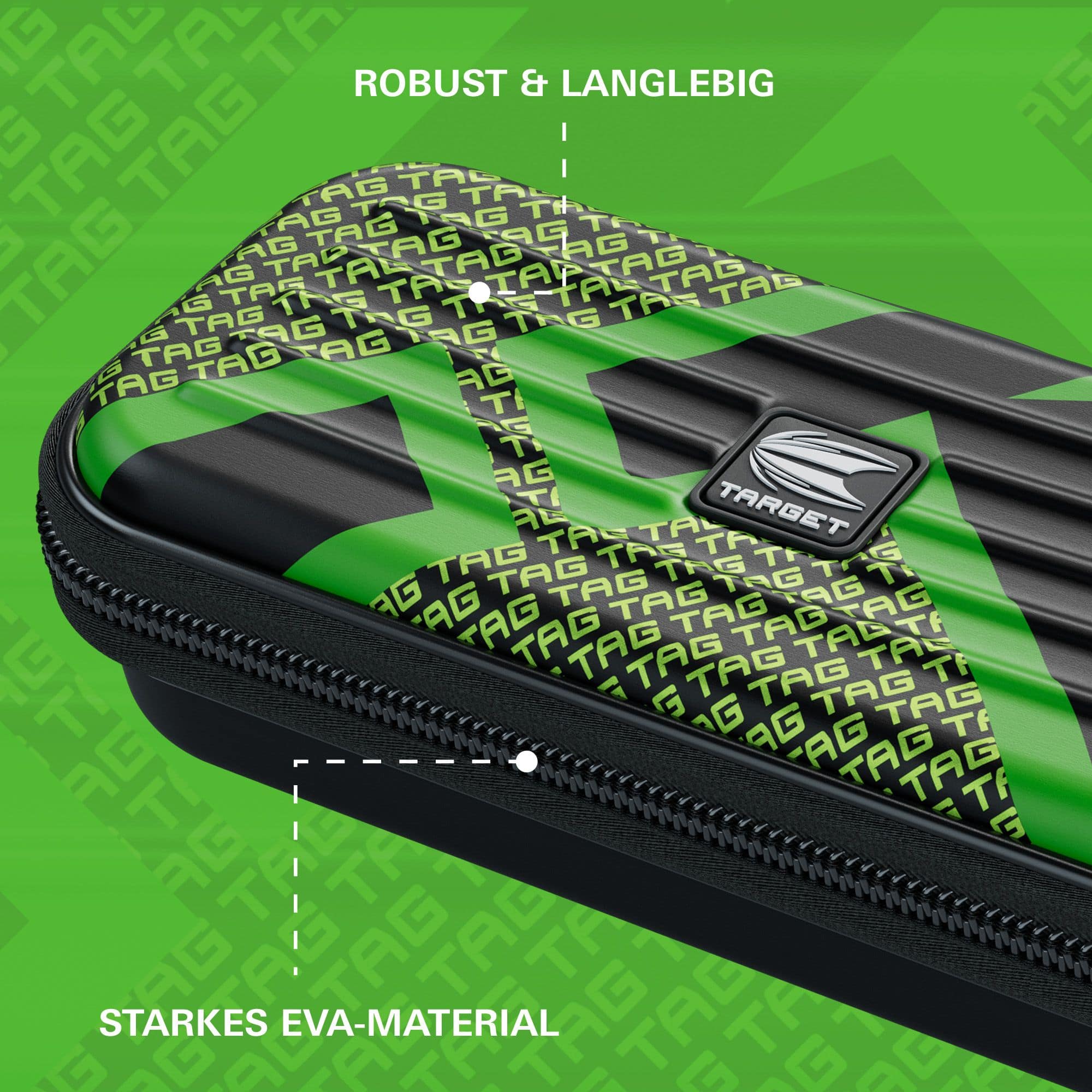 Estuche para dardos Target Takoma TAG Das Bild zeigt ein robustes Dartcase von Target in grünem Design mit dem Schriftzug "TAG". Die Tasche besteht aus starkem EVA-Material und ist als langlebig beschrieben.