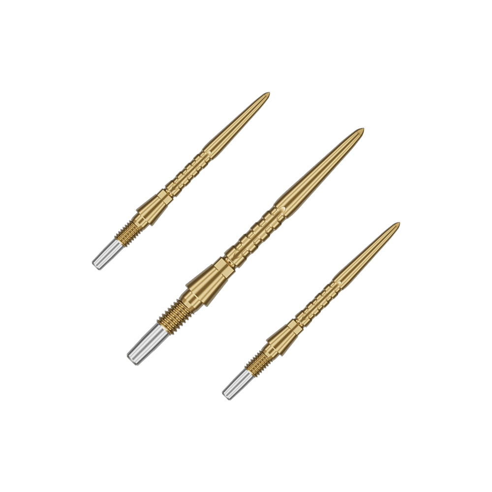 Puntas de dardos de acero Target Swiss Point Storm Surge - doradas Auf dem Bild sind drei goldene Steeldartspitzen zu sehen. Sie haben ein schlankes, geriffeltes Design mit einem silbernen Schraubgewinde am Ende.