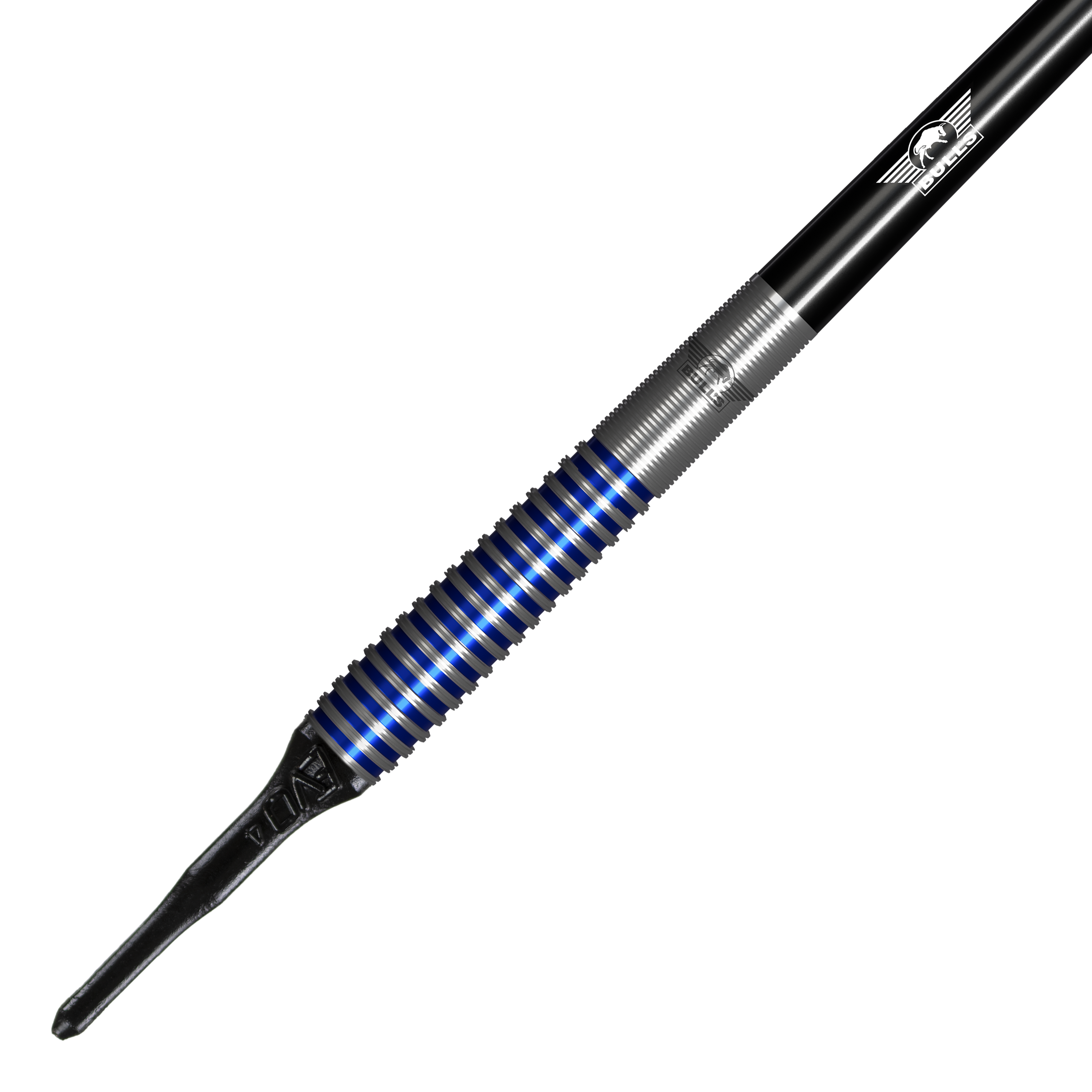 Dardos blandos Bulls NL Romeo Grbavac - 19 g Das Bild zeigt einen Bulls NL Romeo Grbavac Softdart mit einem Gewicht von 19 Gramm. Der Dart hat ein silbernes Griffstück mit blauen Ringen und eine schwarze Spitze.