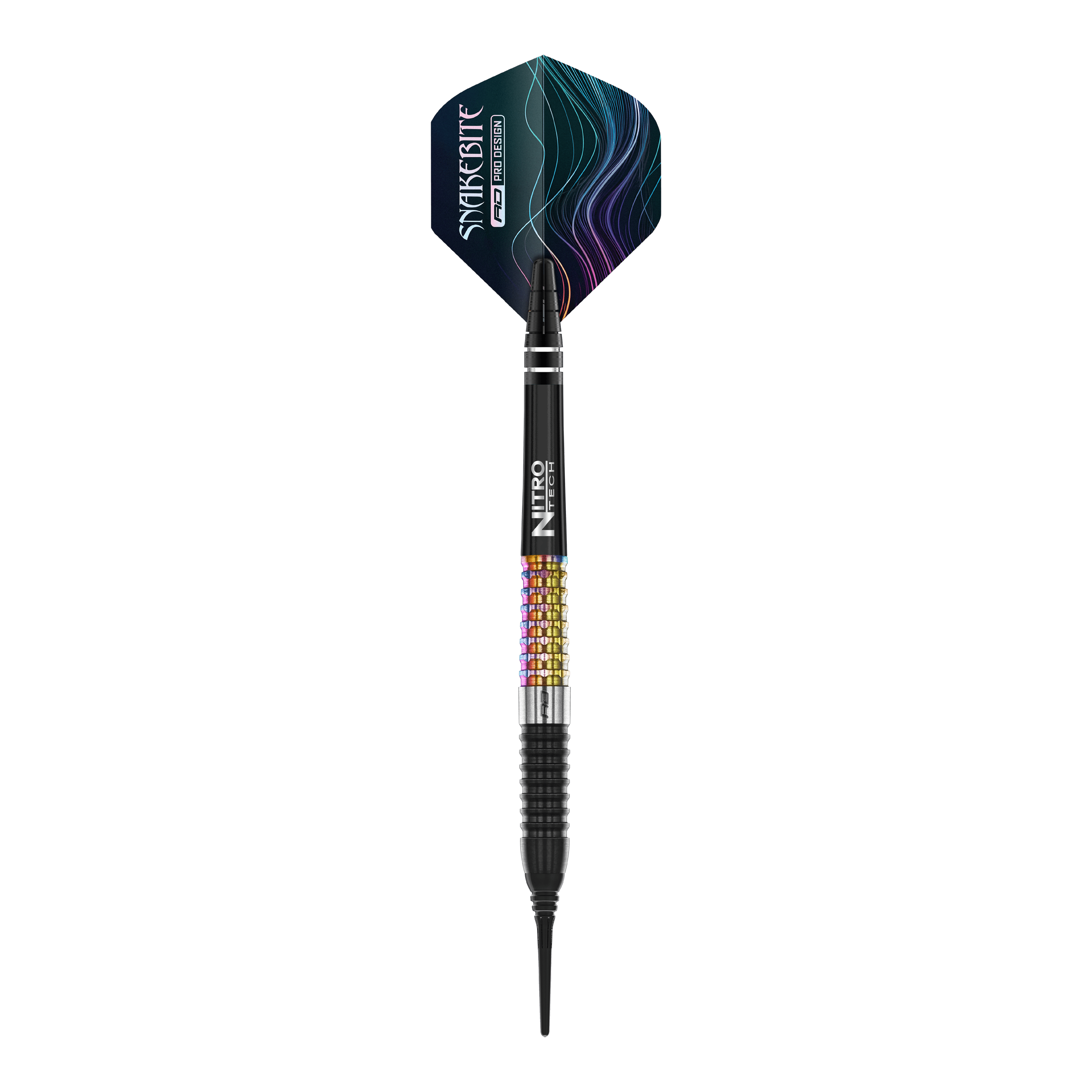 Dardos blandos Red Dragon Peter Wright Corra - 18 g Das Bild zeigt einen Red Dragon Peter Wright Corra Softdart mit einem Gewicht von 18 Gramm. Der Dart hat bunte Griffbereiche und einen schwarz-blauen Flight mit dem Aufdruck "Snakesbite".