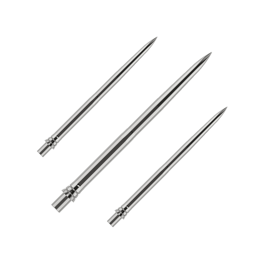 Puntas de dardo Caliburn EVO - Lisas - Plateadas Auf dem Bild sind silberne Dartspitzen in einem Set zu sehen, jeweils 32mm lang. Die Oberfläche der Spitzen ist glatt und sie werden zusammen präsentiert.