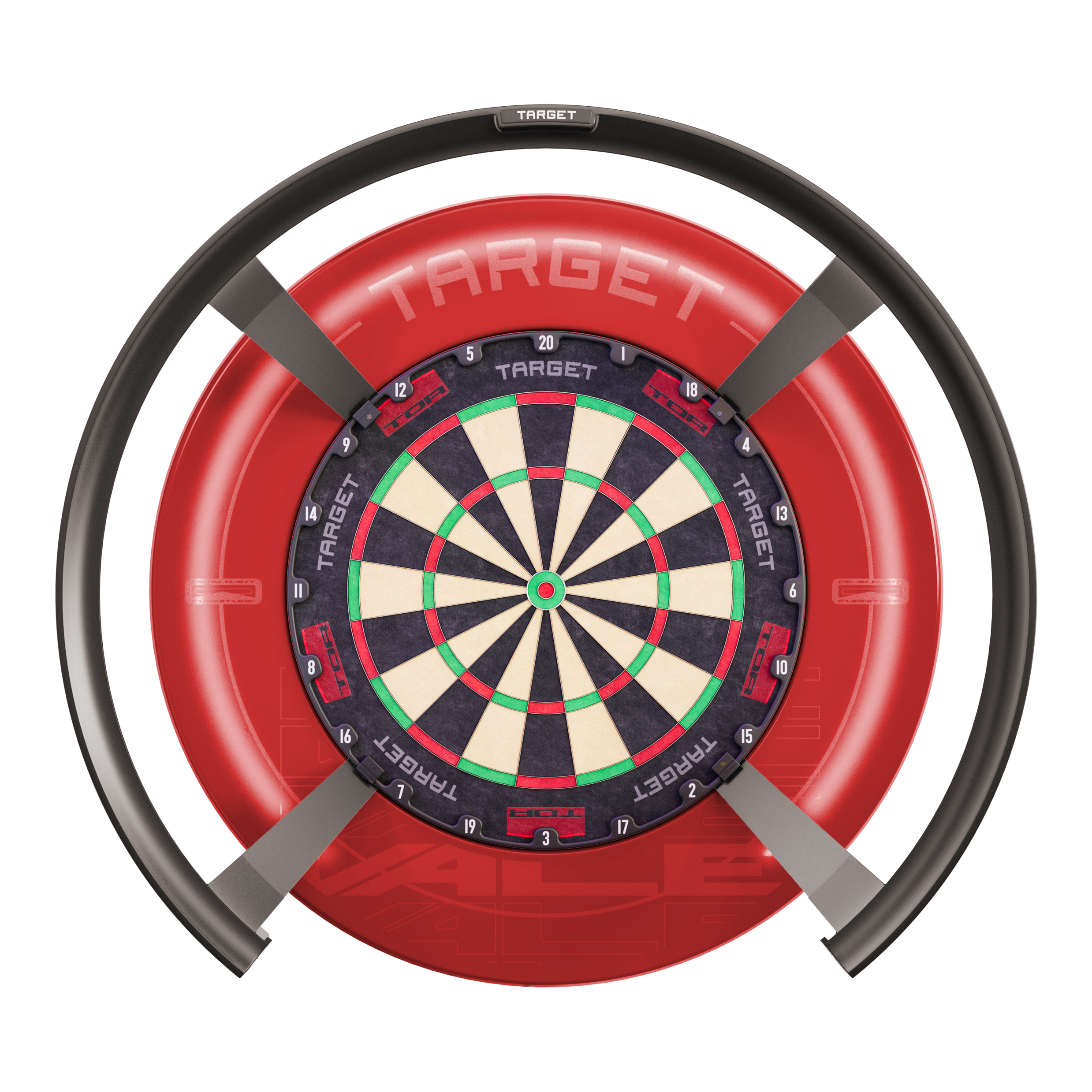 Sistema de puntuación automática Target OMNI Das Bild zeigt das Produkt "Target OMNI Auto-Scoring-System", ein innovatives elektronisches System für Dartspiele. Es besteht aus einem Dartboard mit einem kreisförmigen automatischen Punktesystem und einer markanten roten Umrandung.
