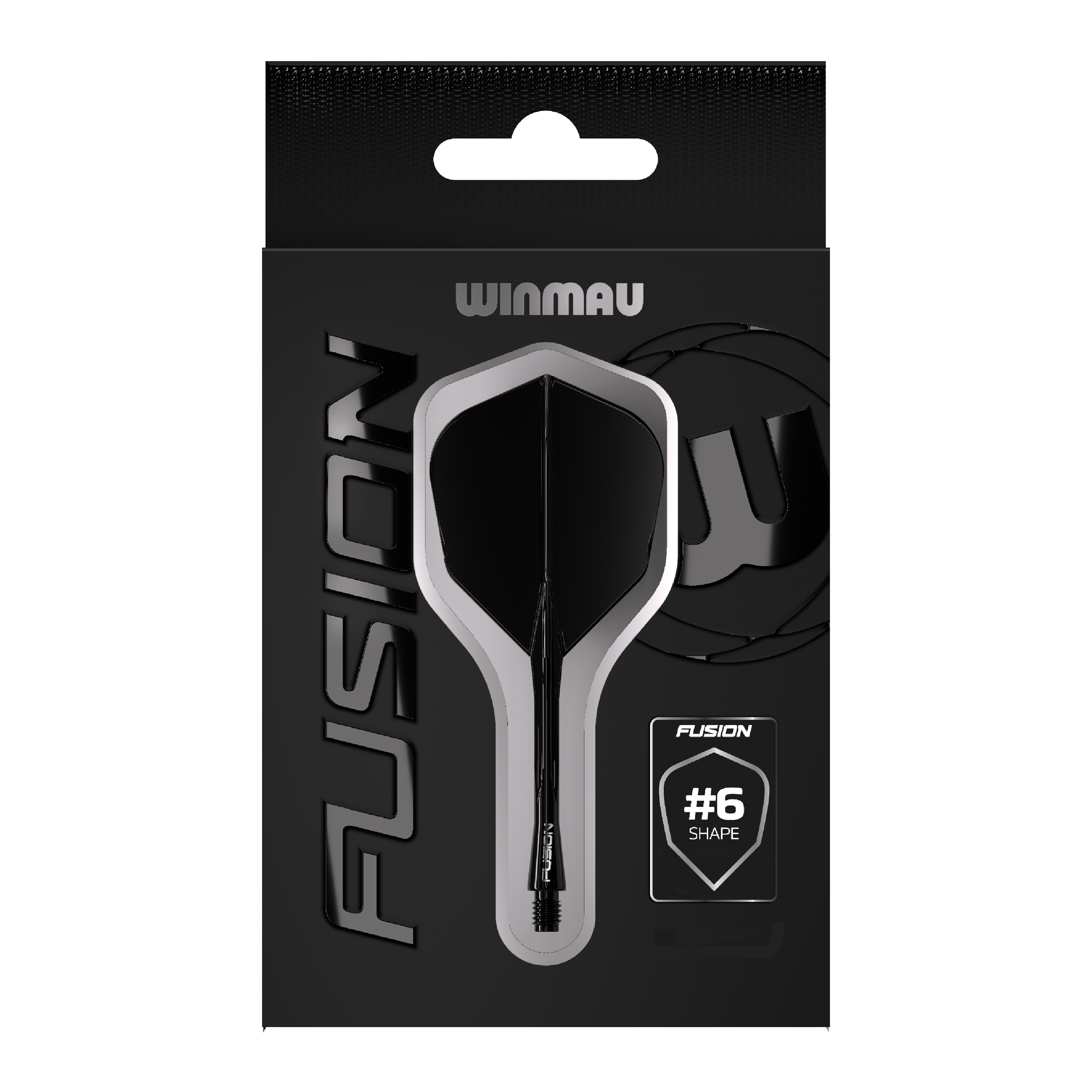 Sistema de eje de vuelo Winmau Fusion n.° 6 negro Das Bild zeigt eine Verpackung des Winmau Fusion Flight Shaft Systems in Schwarz. Auf der Verpackung steht, dass es sich um die Form Nummer 6 handelt.