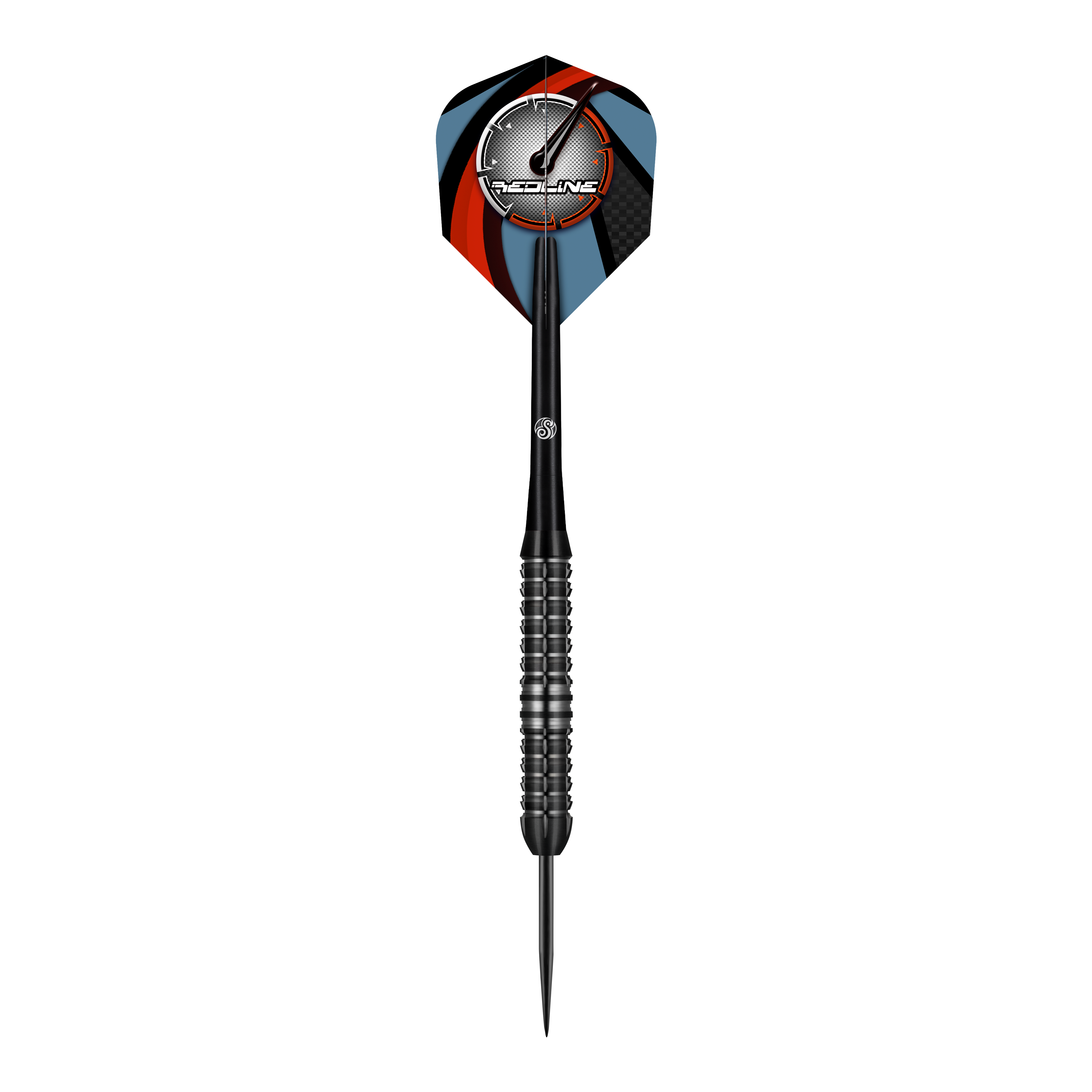 Dardos de acero Shot Redline Blazed Der Shot Redline Blazed Steeldart ist ein schwarzer Dartpfeil mit einem gerillten Griff und einer spitzen Metallspitze. Das Dartflight zeigt ein modernes Design mit rot, blau und schwarzen Farben sowie dem "Redline"-Logo.