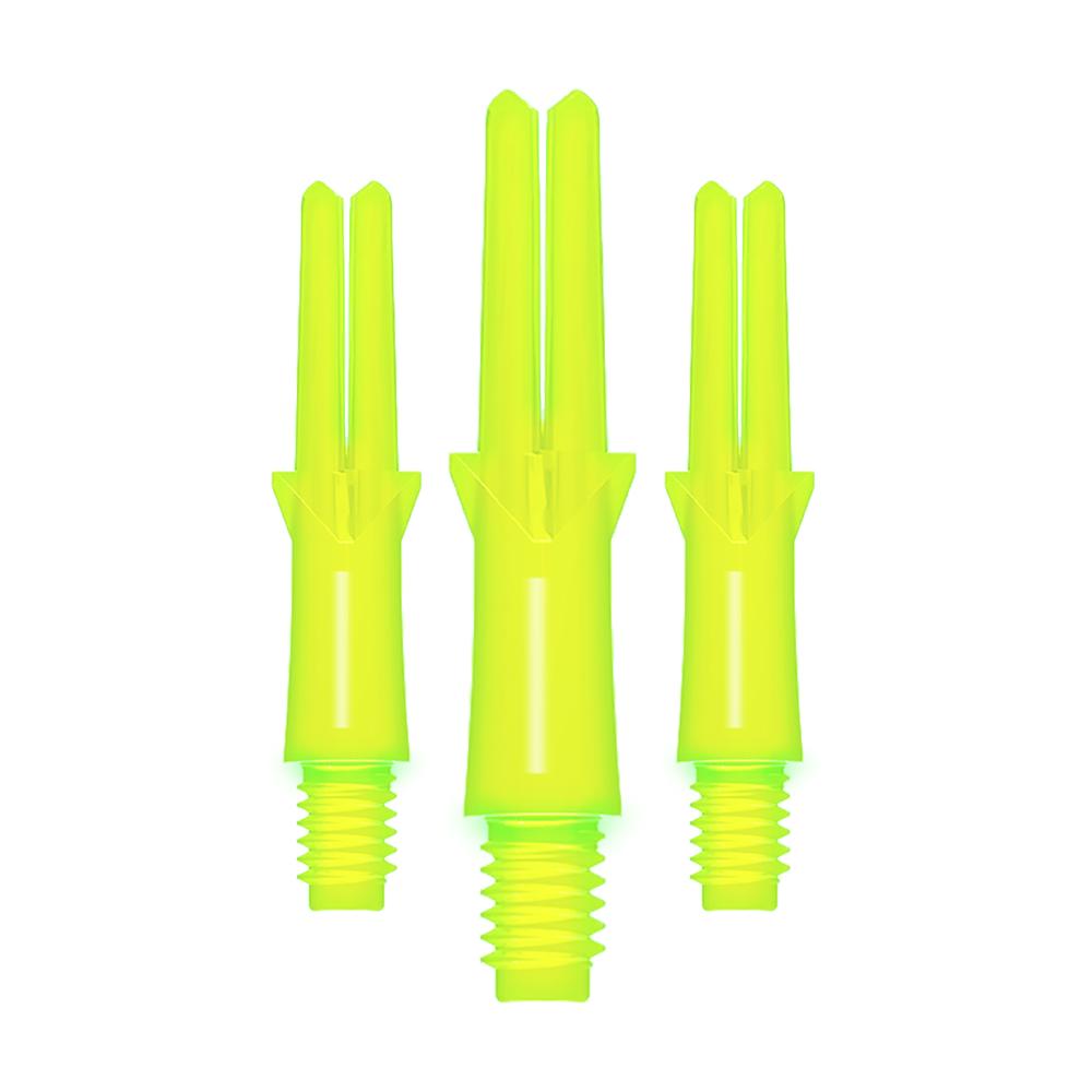 Ejes en L estilo L bloqueados rectos - Amarillo neón Das Bild zeigt drei neon-gelbe, gerade Dart-Schäfte mit Gewinde. Sie sind unterschiedlich lang und stehen nebeneinander aufrecht.