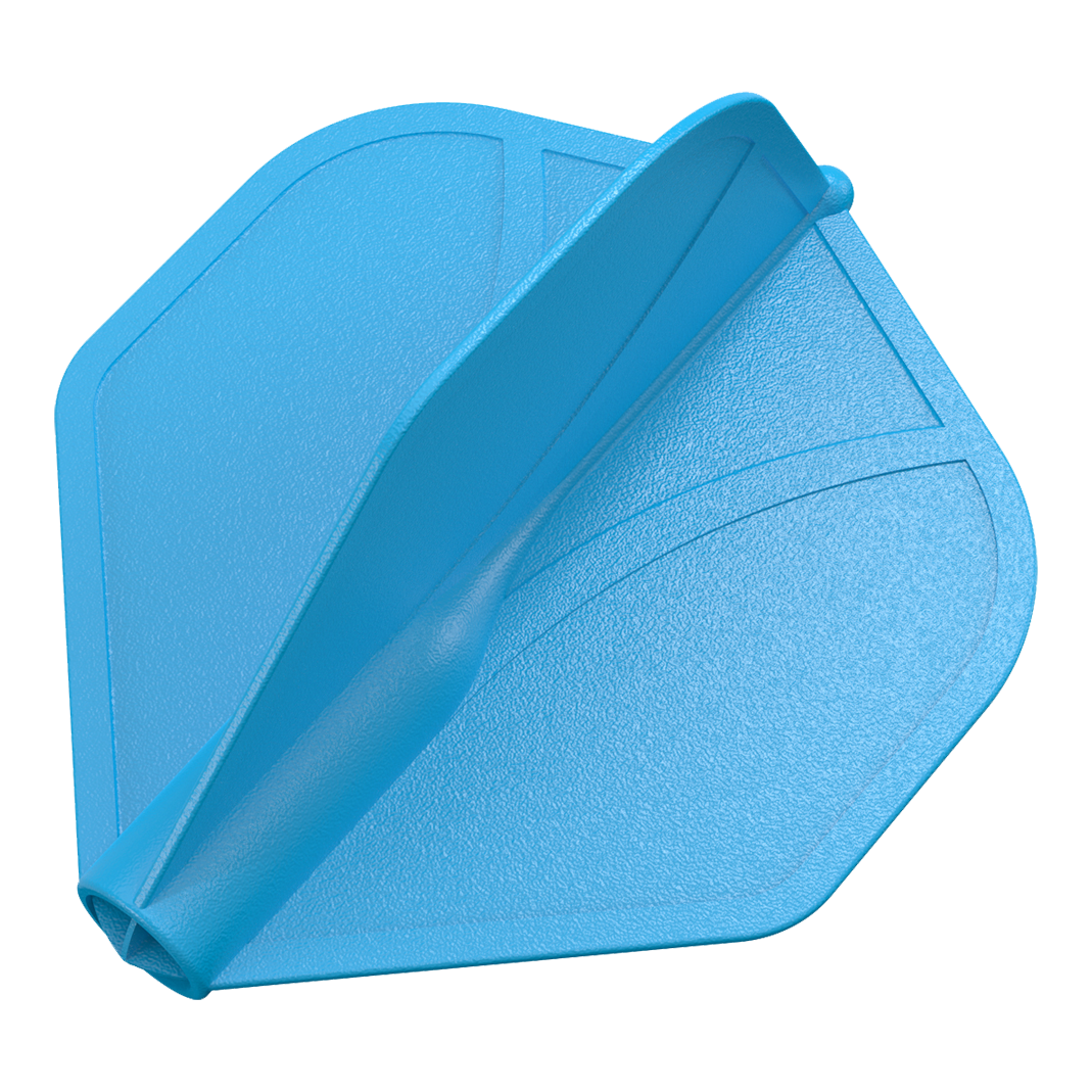 Perfil aerodinámico moldeado No2 Vuelos estándar Das Bild zeigt ein blaues Dartflügel-Set mit strukturierter Oberfläche. Die Flügel sind in einer aerodynamischen Form modelliert.