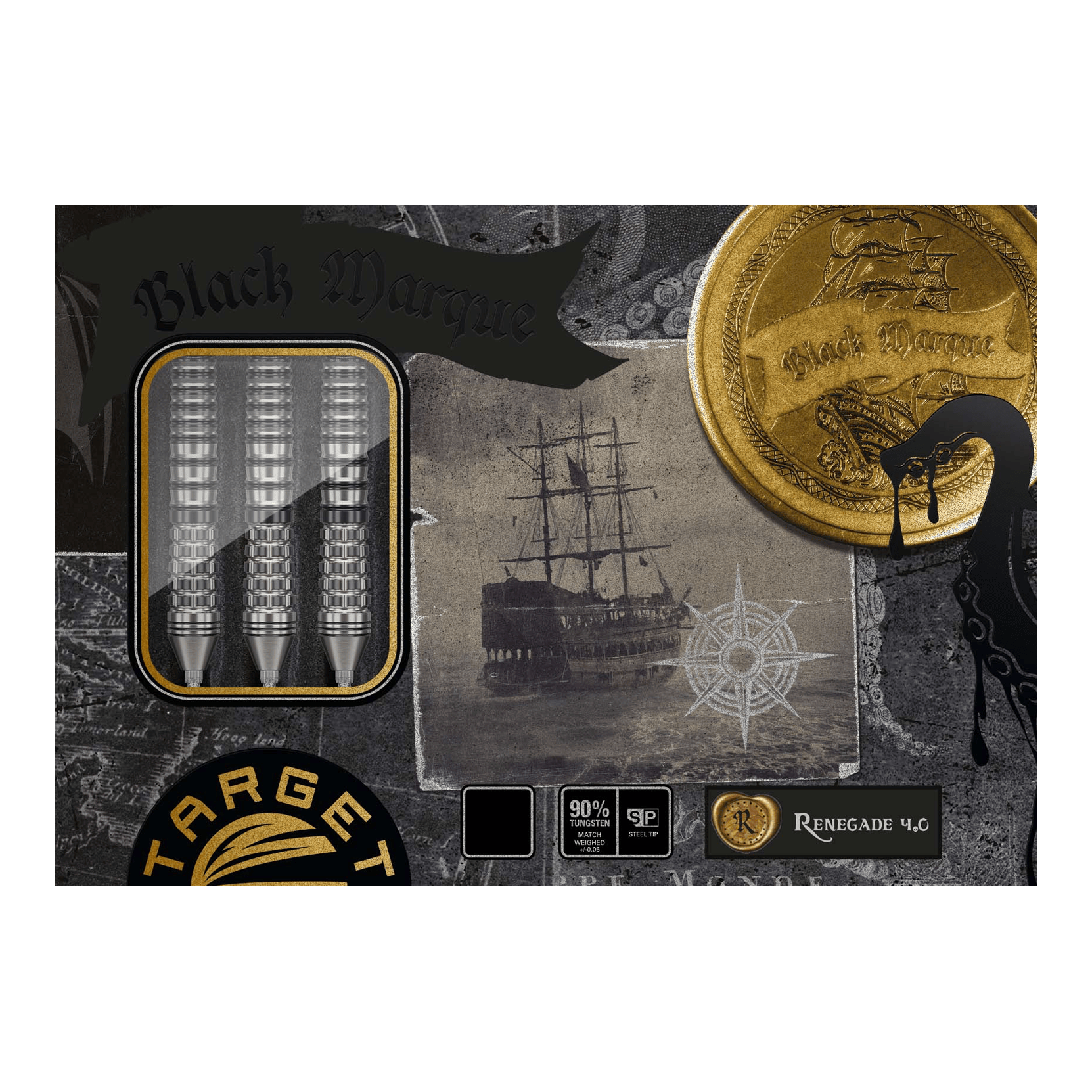 Dardos de acero Target Black Marque Renegade 4 Swiss Point Auf dem Bild sind die "Target Black Marque Renegade 4 Swiss Point Steeldarts" zu sehen. Die Verpackung zeigt drei Darts, ein Schiff und eine goldene Münze mit dem Schriftzug "Black Marque".