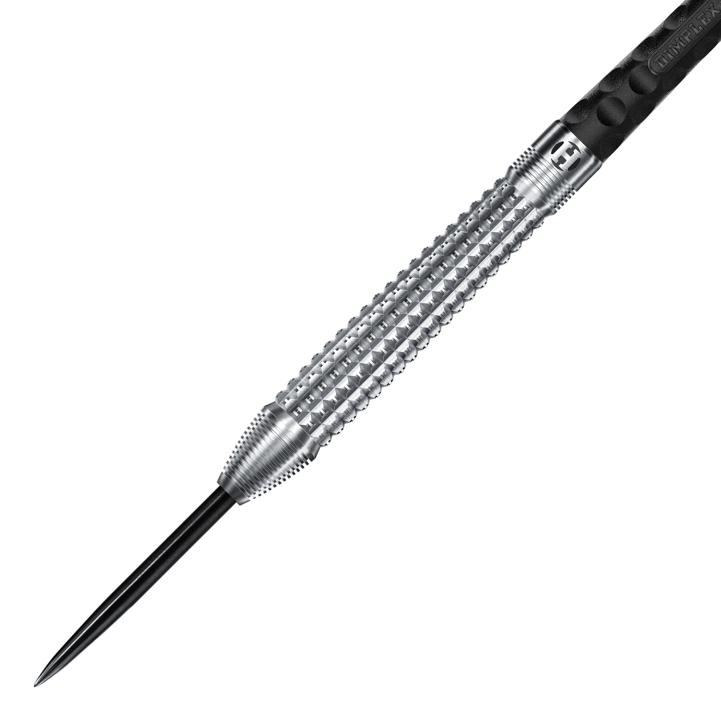 Dardos de acero cónicos Harrows Dimplex S3 Auf dem Bild ist ein Harrows Dimplex S3 Tapered Steeldart zu sehen. Der Dartpfeil hat eine silberne, strukturierte Griffzone und eine scharfe Stahlspitze.