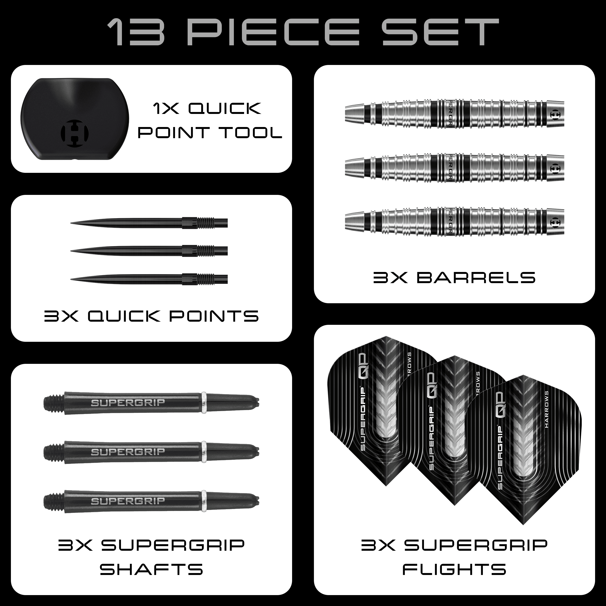 Dardos de acero Harrows Supergrip Torpedo Quick Point Harrows Supergrip Torpedo Quick Point Steeldarts sind auf dem Bild zu sehen. Eine Detailansicht hebt den Produktbereich hervor.
