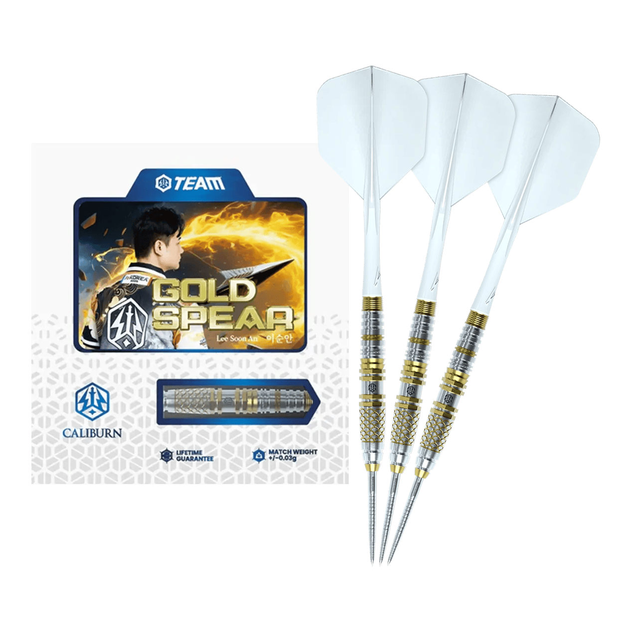 Dardos Caliburn Players Lee Soon An Gold Spear Steeldarts - 23 g Hier sieht man die Caliburn Players Darts Lee Soon An Gold Spear Steeldarts mit 23 Gramm. Die Steeldarts sind für Präzision und Kontrolle beim Spiel entwickelt.