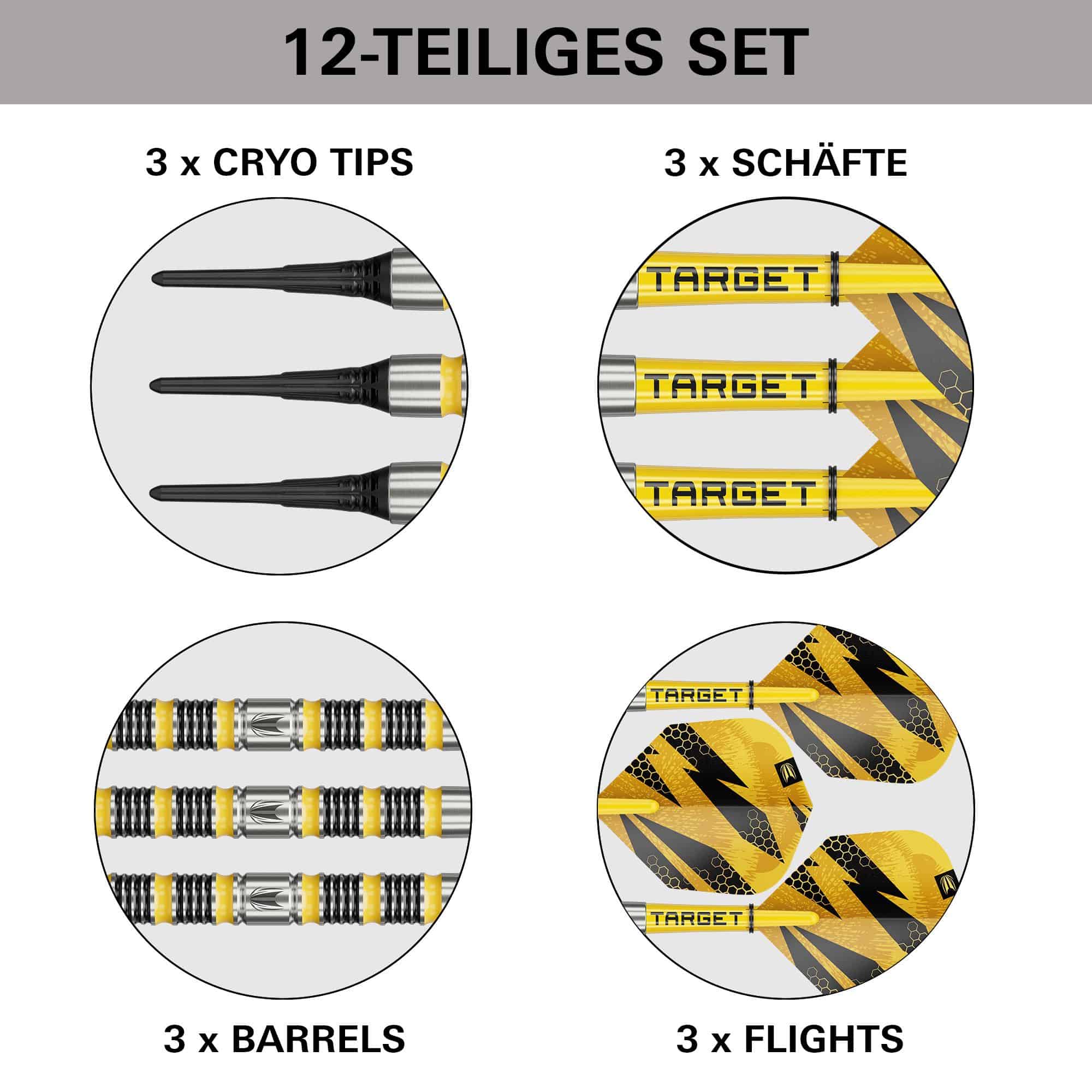Dardos blandos Target Buzz 11 Dies ist ein Bild von Target Buzz 11 Softdarts. Es zeigt ein Set Darts für das Softdartspiel.
