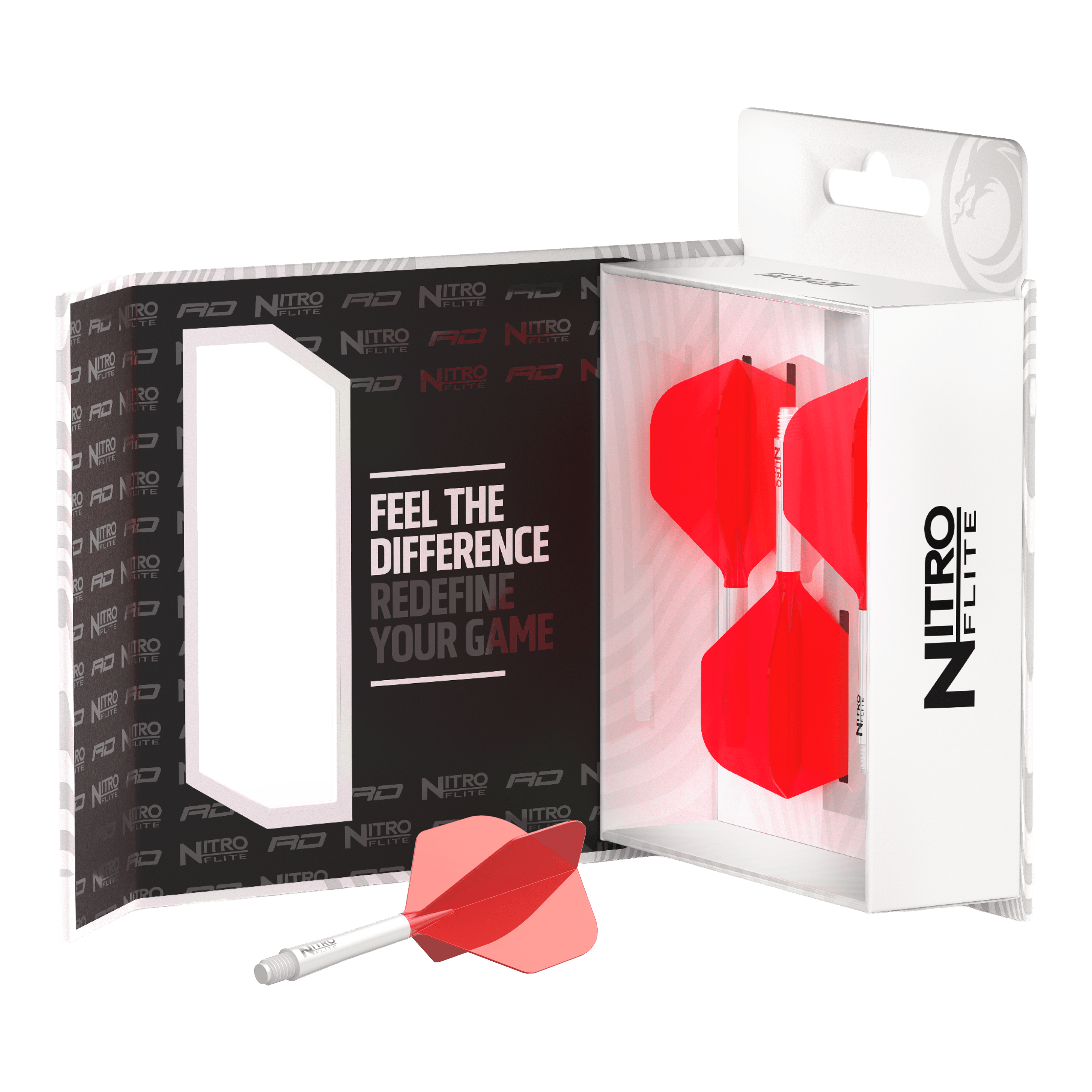 Zu sehen ist das Red Dragon Nitroflite Set mit weißen Schäften und No2 Flights in Rot. Dieses Zubehör ist für hochwertige Dart-Performance konzipiert.