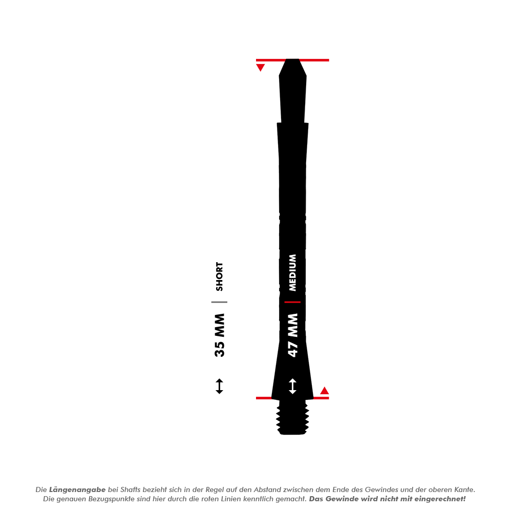 560_Target_Colette_Shafts_5_47mm Das Bild zeigt einen schwarzen Harrows Colette Shaft für Darts. Die Abbildung stellt die Längenoptionen „Short“ mit 35 mm und „Medium“ mit 47 mm dar.