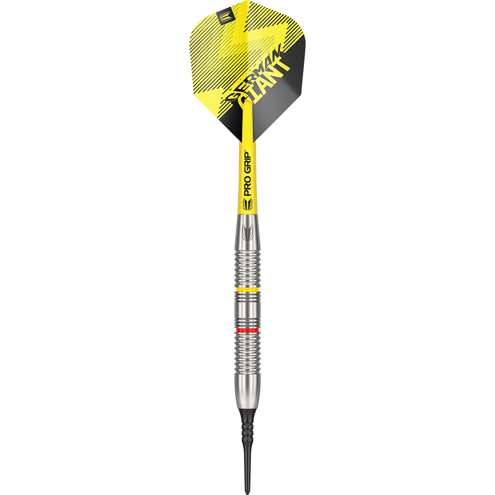 170006_Target_Gabriel_Clemens_Brass_Softdarts_1SOBSzc9ShIOYp Auf dem Bild ist ein Target Gabriel Clemens Brass Softdart mit einem Gewicht von 18g zu sehen. Der Dart hat gelbe und schwarze Akzente und eine silberne Griffzone.