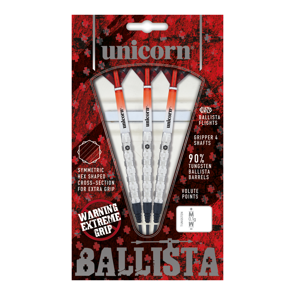Dardos blandos Unicorn Ballista Style 1 Das Bild zeigt die Verpackung der "Unicorn Ballista Style 1 Softdarts". In der Packung befinden sich drei Softdarts mit weiß-roten Flights und silbernen Griffen.