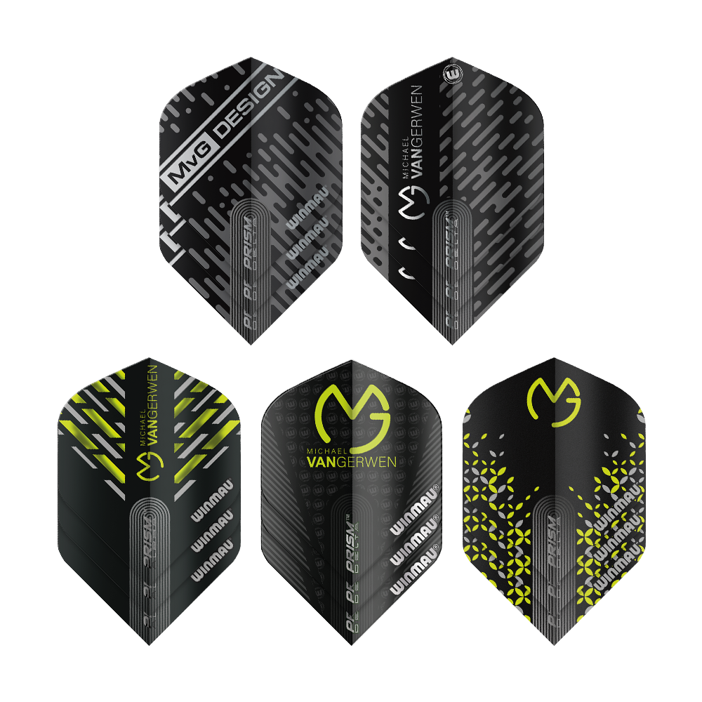 Winmau MvG Prism Flight Pack 2 Das Bild zeigt das Produkt "Winmau MvG Prism Flight Pack 2" mit fünf unterschiedlich gestalteten Dart-Flights. Die Designs sind überwiegend schwarz und gelb mit verschiedenen Mustern und dem Michael van Gerwen Logo.