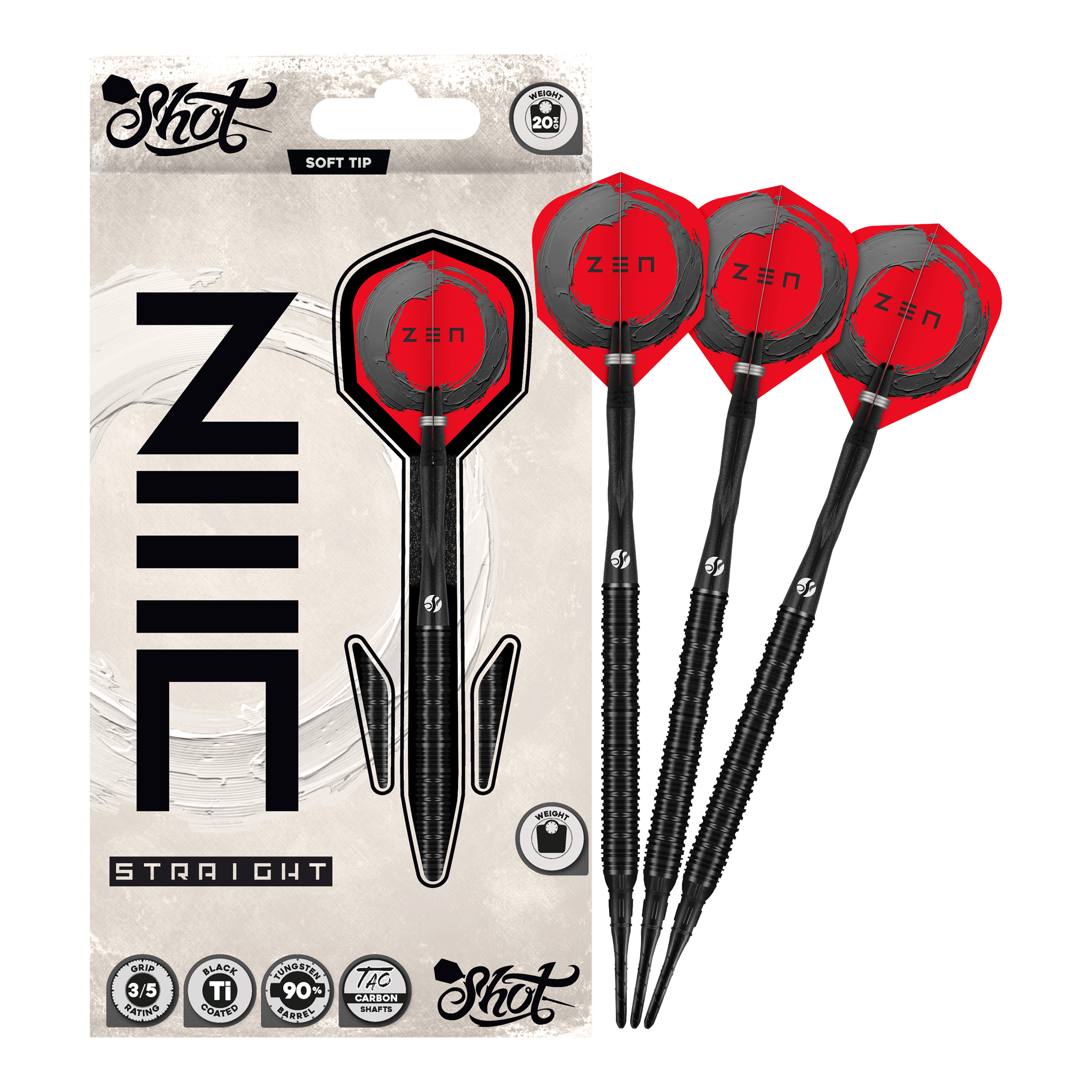 Dardos blandos rectos Shot ZEN - 20 g Hier sieht man die Shot ZEN Straight Softdarts mit 20 Gramm Gewicht. Sie sind speziell für Softdartspieler konzipiert.