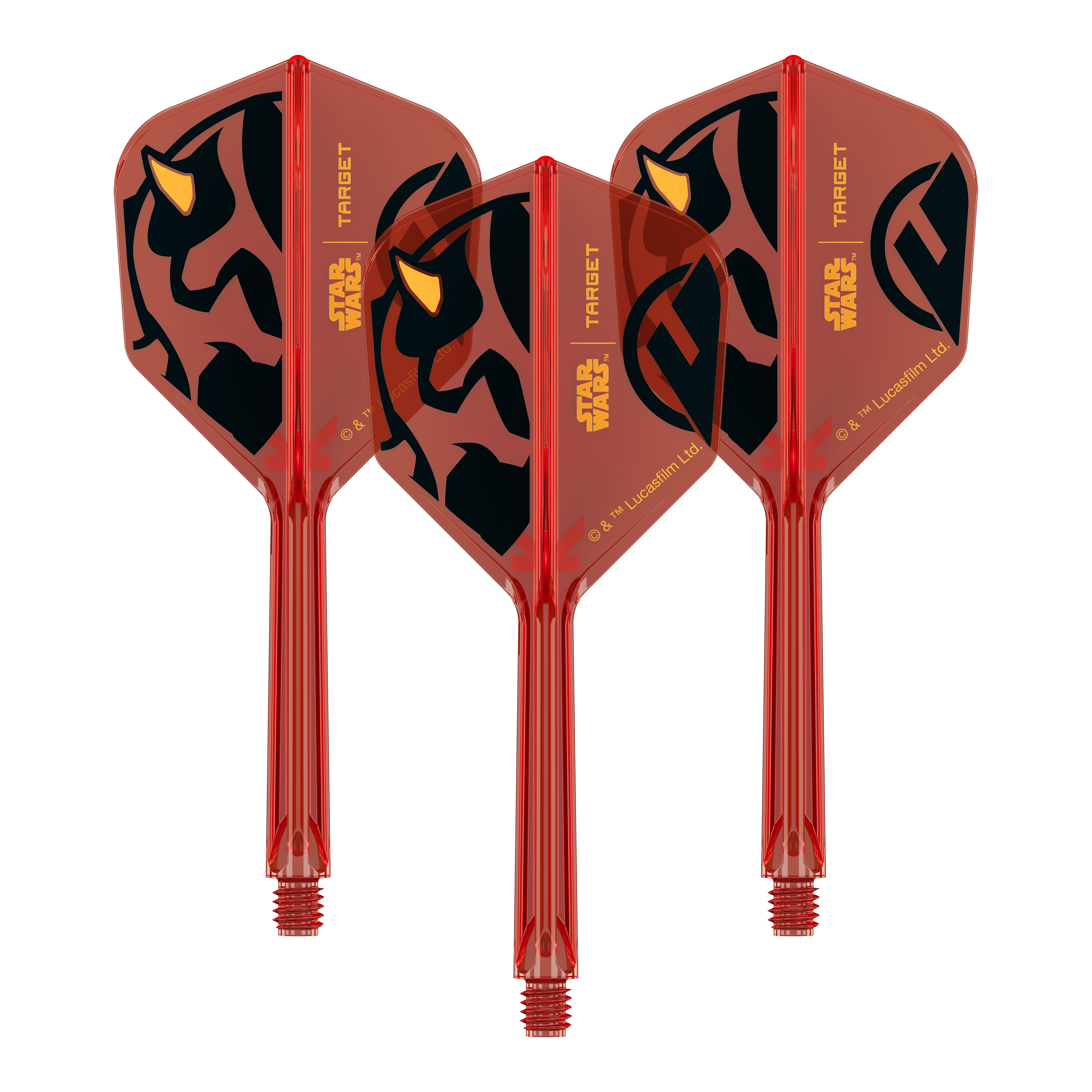 Abgebildet ist ein Produkt mit dem Namen 410522_Target_StarWars_KFlex_DarthMaul_No6_Flights_Medium_33mm_1Set. Das Bild zeigt vermutlich Dart-Flights mit Star Wars Darth Maul Motiv.