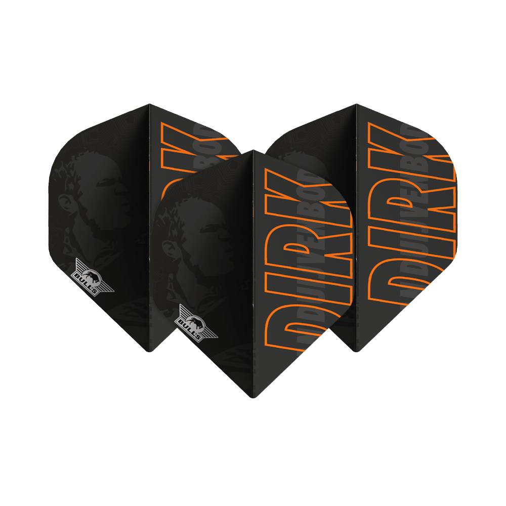 Bulls NL Player 100 Dirk Van Duijvenbode No2 Vuelos estándar Das Bild zeigt schwarze Dartflights mit dem Namen "DIRK" in großen orangefarbenen Buchstaben. Auf den Flights ist außerdem das Logo von Bulls und ein Porträt im Hintergrund zu sehen.