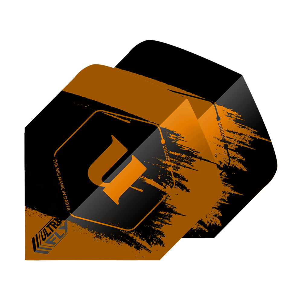 Vuelos Unicorn Ultrafly 100 Team Unicorn Big Wing - Naranja Das Bild zeigt die "Unicorn Ultrafly 100 Team Unicorn Big Wing Flights" in Orange. Die Flights haben ein auffälliges schwarzes und orangefarbenes Design mit dem Buchstaben "u" in der Mitte.
