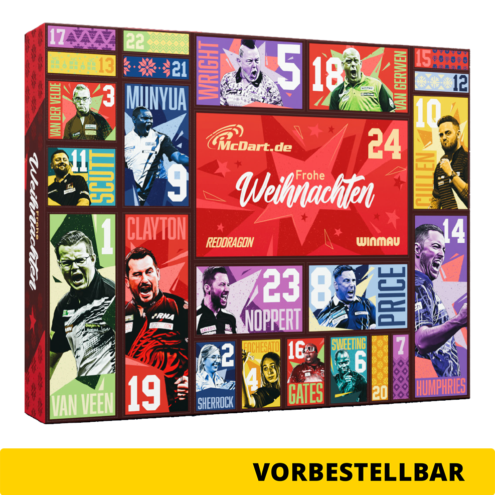 Calendario de Adviento de Dardos de Acero McDart 2026 Zu sehen ist der McDart Steel-Darts Adventskalender 2026. Der Kalender bietet Überraschungen für Steeldart-Spieler.