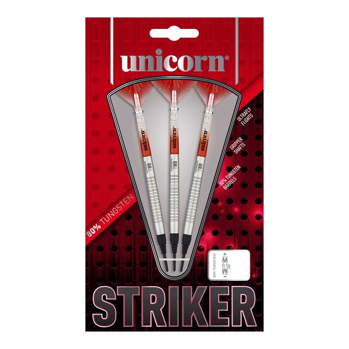 Dardos blandos Unicorn Core XL Striker Style 1 - 19 g Das Bild zeigt eine Packung der "Unicorn Core XL Striker Style 1 Softdarts - 19g". In der Verpackung befinden sich drei silberfarbene Softdarts mit roten und weißen Details.
