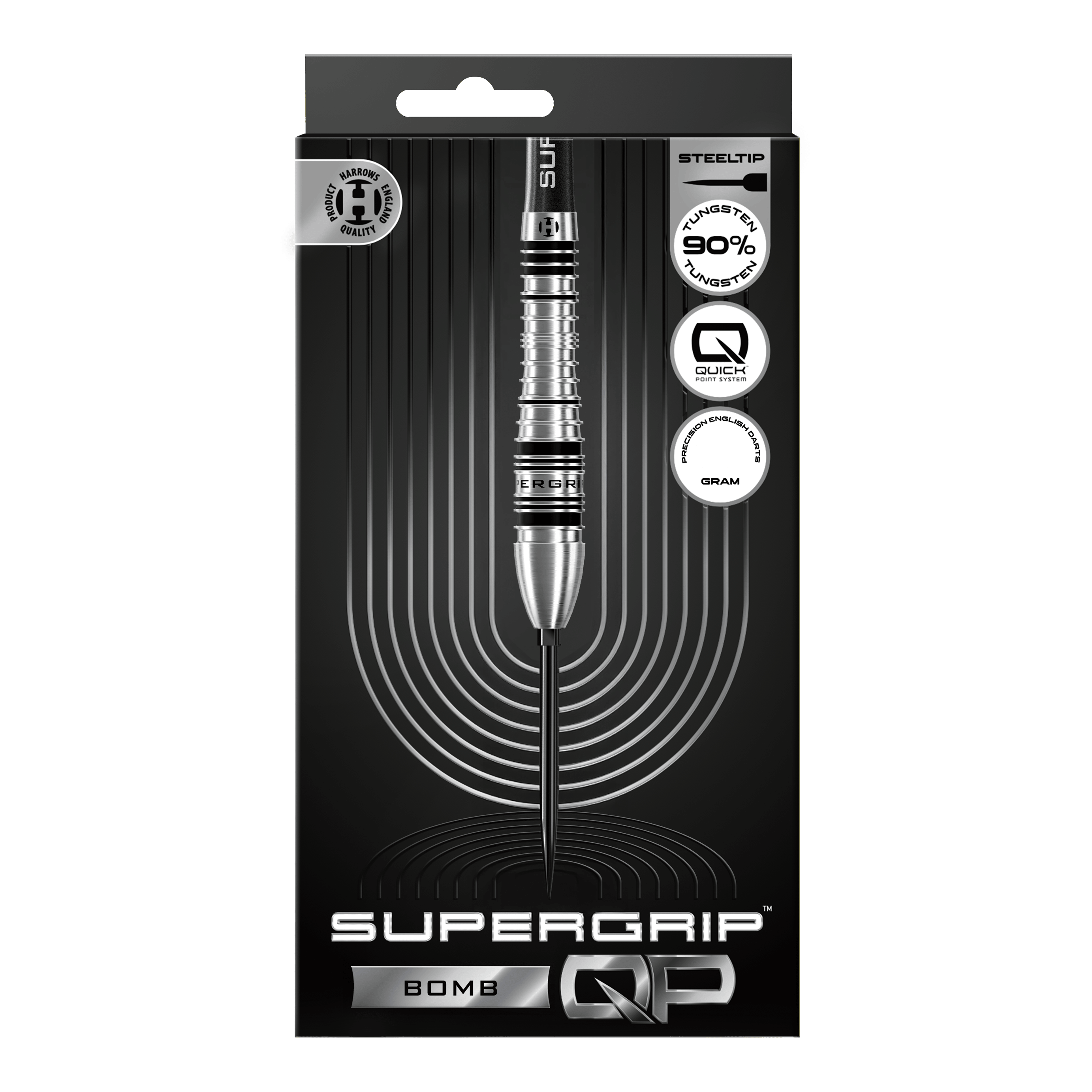 Dardos de acero Harrows Supergrip Bomb Quick Point Gezeigt werden die Harrows Supergrip Bomb Quick Point Steeldarts. Das Produkt bietet hohe Kontrolle und Stabilität beim Wurf.