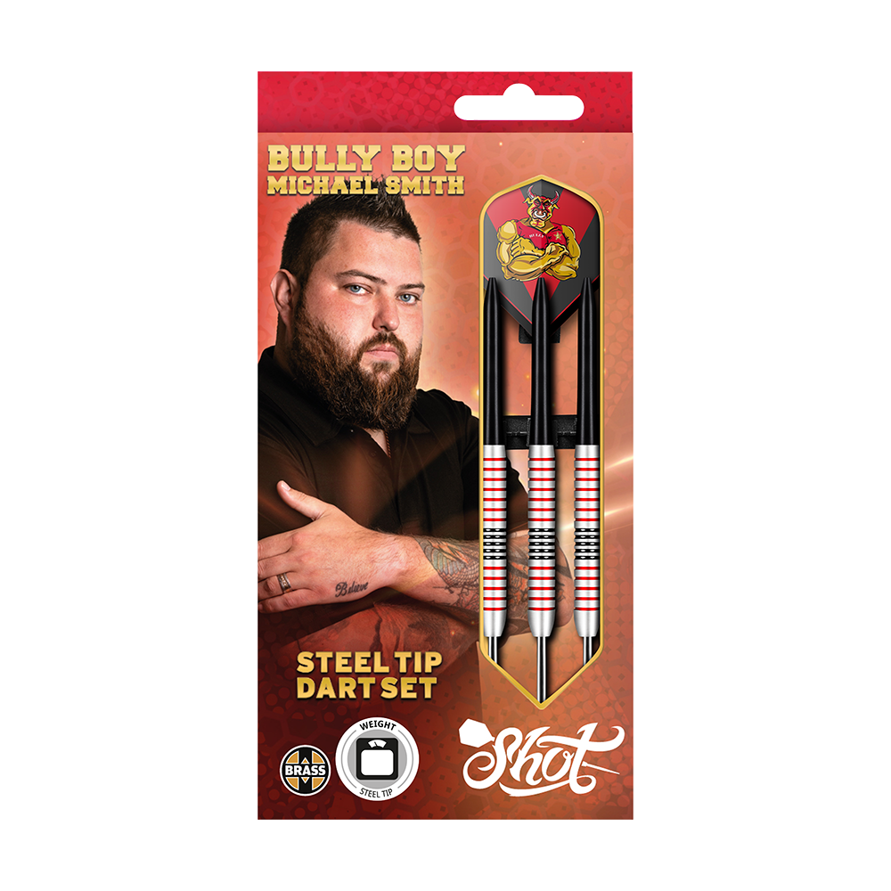 Shot Michael Smith Plated Brass Steeldarts - 24g Das Bild zeigt eine Verpackung für das Produkt "Shot Michael Smith Plated Brass Steeldarts - 24g". Auf der Packung sind ein Foto eines Mannes, drei Steeldarts und der Text "Steel Tip Dart Set" zu sehen.