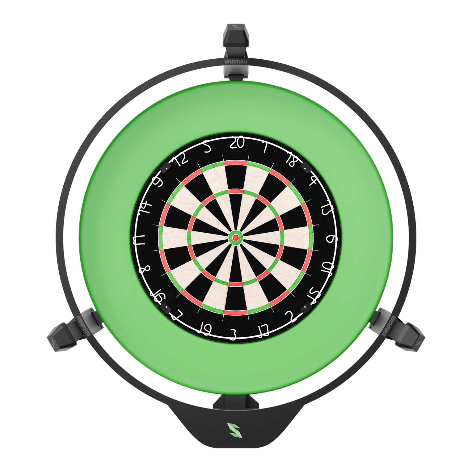 Sistema electrónico de autocalificación Scolia Home 2 2026 Das Bild zeigt ein elektronisches Punktesystem für Darts, das Scolia Home 2. Es besteht aus einem Dartboard mit einem leuchtenden grünen Ring rundherum.