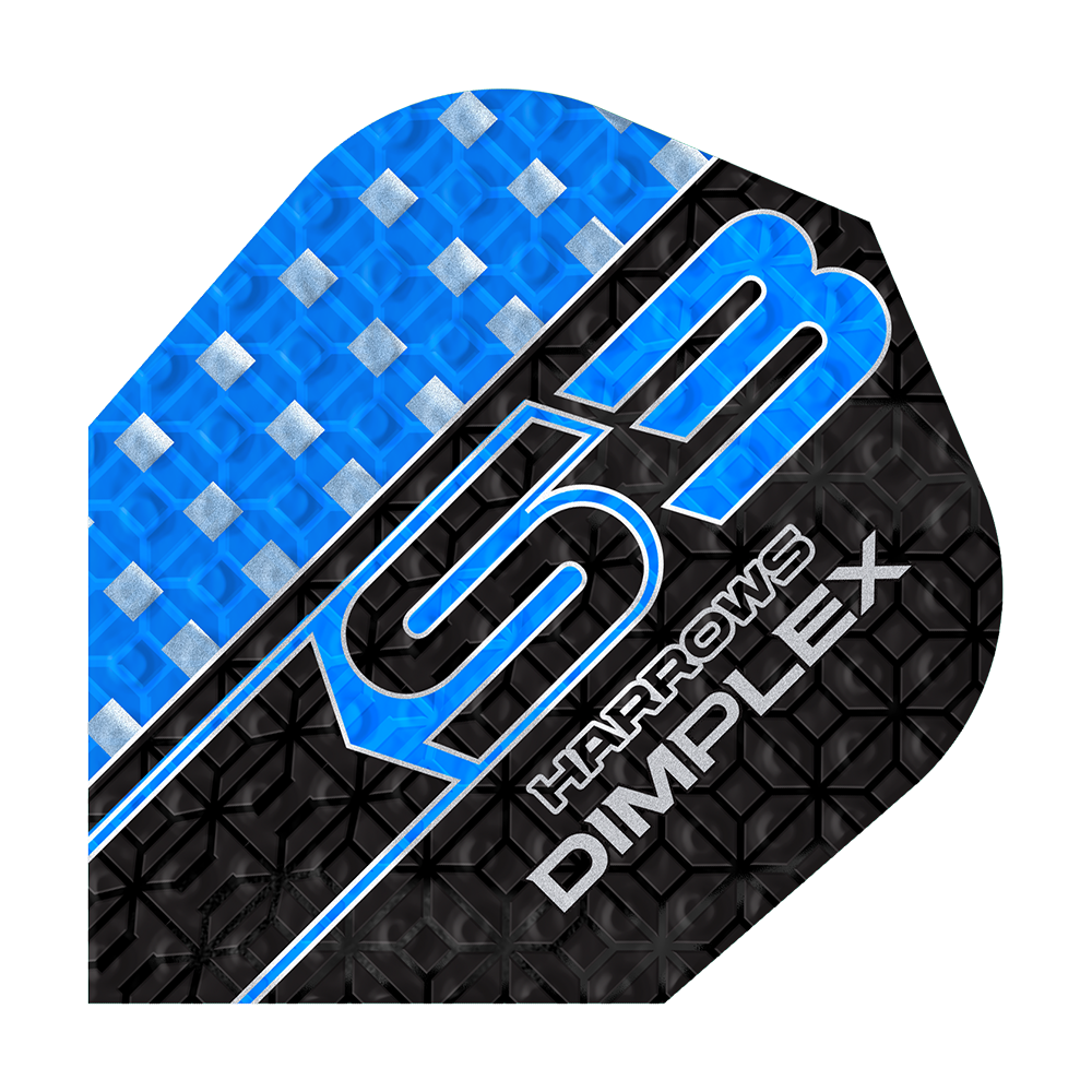 Vuelos Harrows Dimplex S3 - Azul Das Bild zeigt ein blau-schwarzes Dartflight mit der Aufschrift "S3 HARROWS DIMPLEX". Die Oberfläche hat ein strukturiertes Muster mit silbernen Akzenten.