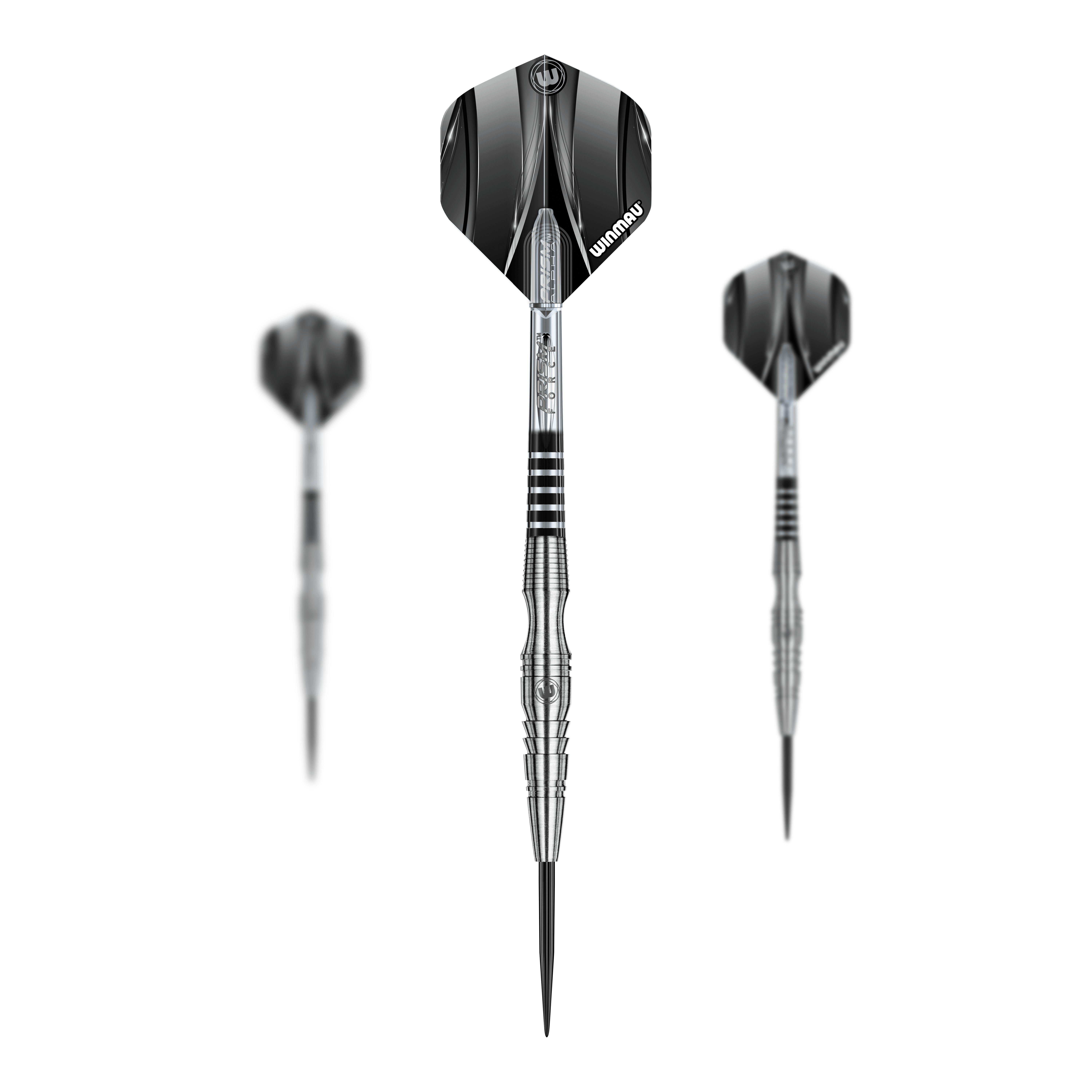Dardos de acero Winmau Sniper V3 Das Bild zeigt drei Winmau Sniper V3 Steeldarts mit silbernem Schaft und schwarzen Flights. Die Darts sind in einer frontalen und zwei seitlichen Ansichten dargestellt.