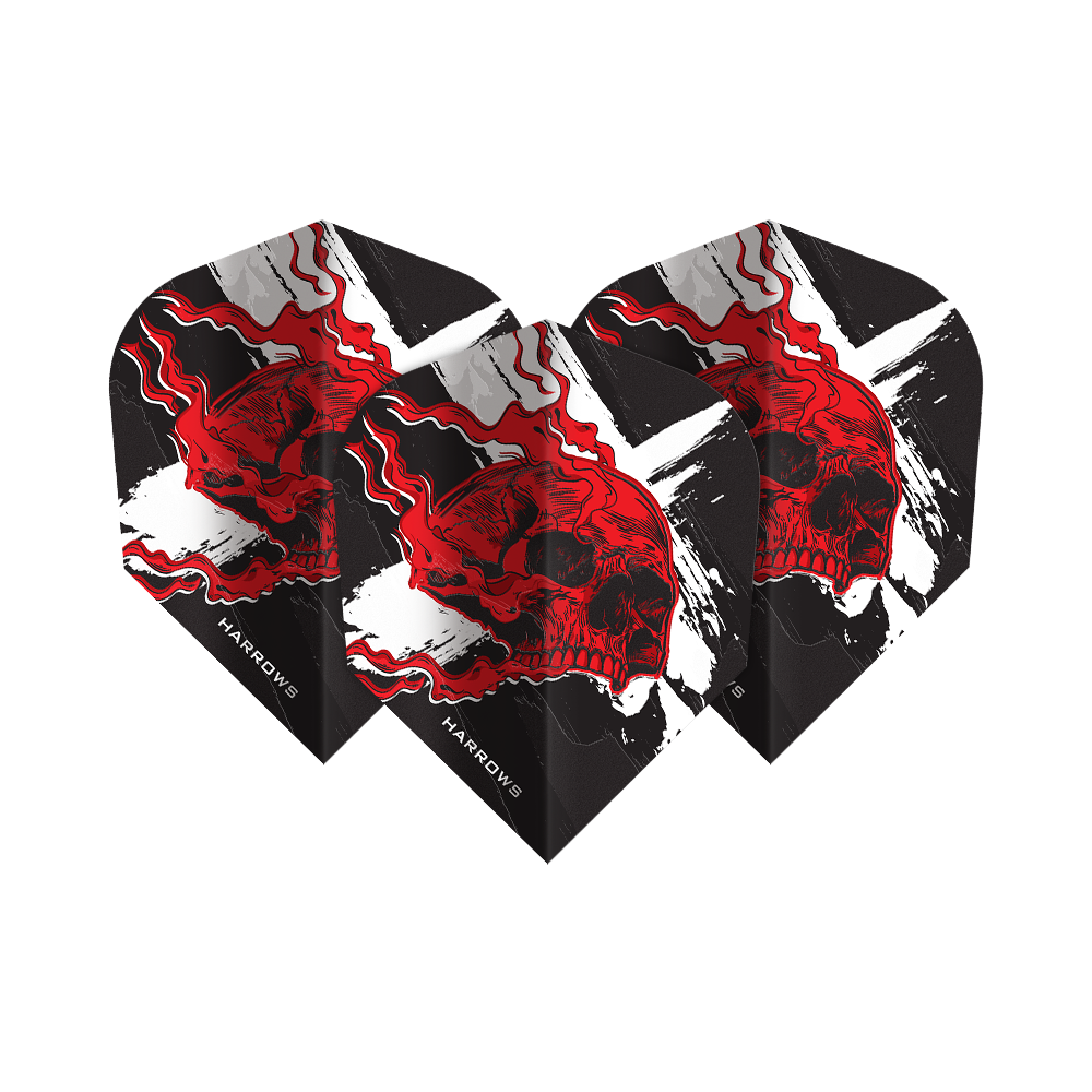 Abgebildet sind die Harrows Ryan Searle Heavy Metal No6 Flights. Diese Flights sind für Dartpfeile konzipiert und tragen das Heavy Metal Design.