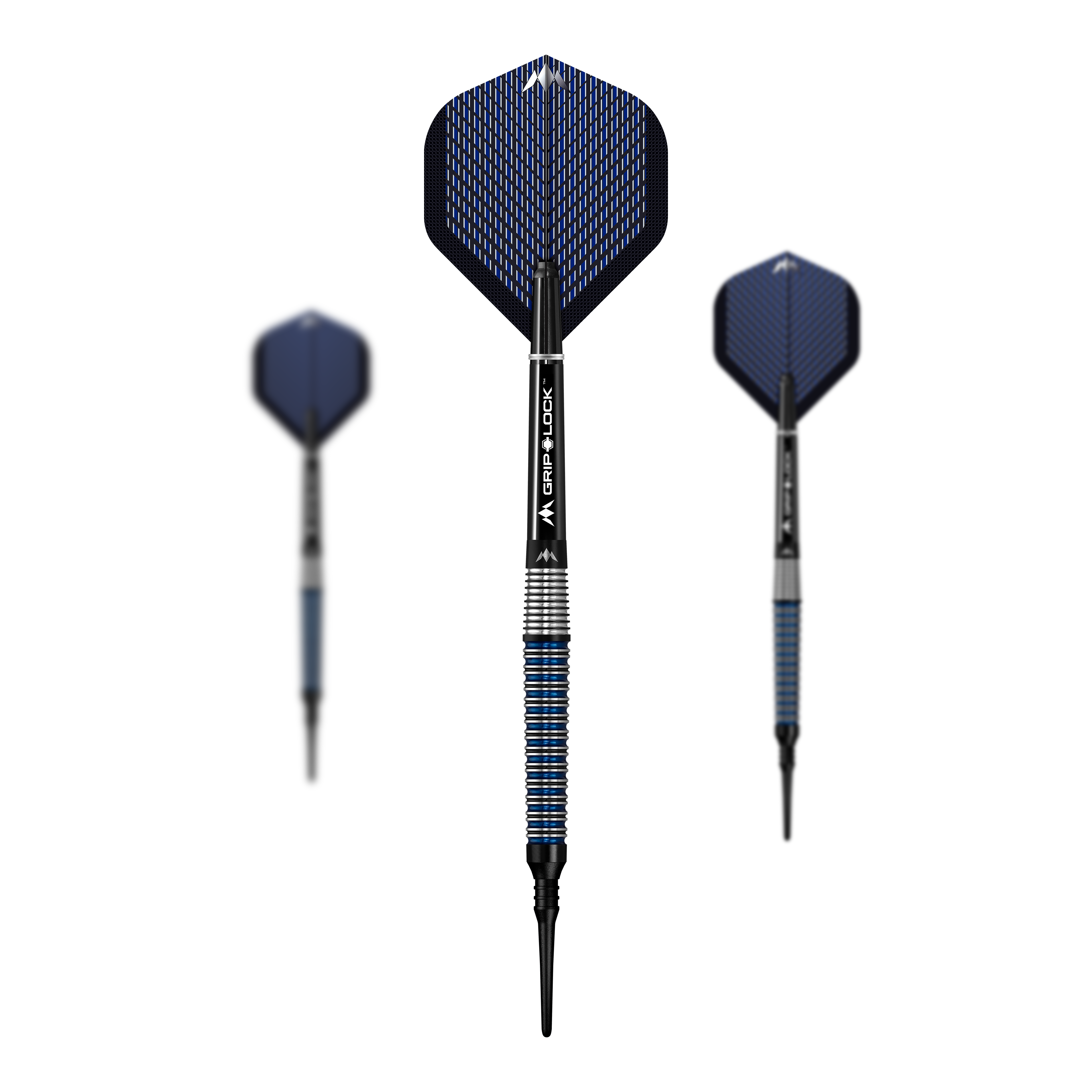 Dardos blandos Mission Nightfall Modelo 2 - 19 g Das Bild zeigt drei Softdarts des Modells "Mission Nightfall Model 3" mit einem Gewicht von 20g. Die Darts haben blaue Flights und einen silber-blauen Schaft mit gezacktem Griff.