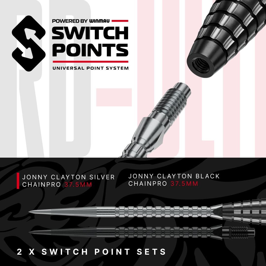 Dardos de acero Red Dragon Jonny Clayton RD-ULTRA Switch Point - 22 g Die Abbildung zeigt die Red Dragon Jonny Clayton RD-ULTRA Switch Point Steeldarts mit 22 Gramm. Die Darts liegen nebeneinander und sind gut sichtbar.